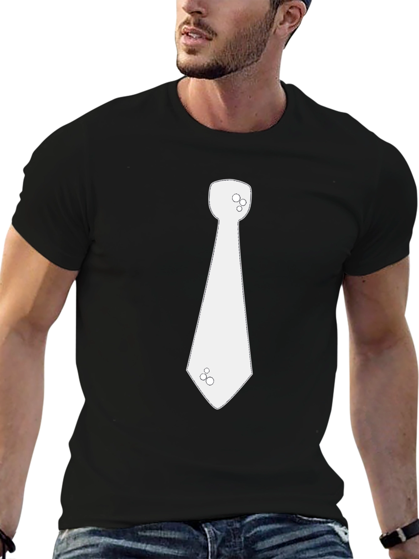 Black Men's Black T-Shirt with Novelty Necktie Graphic view 6