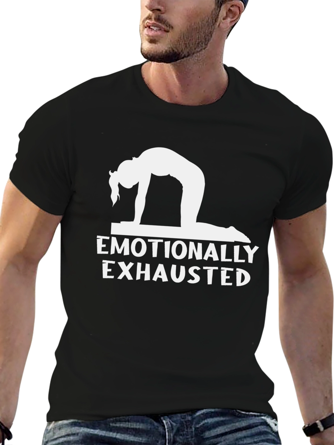Black Emotionally Exhausted Yoga Black T-Shirt view 6