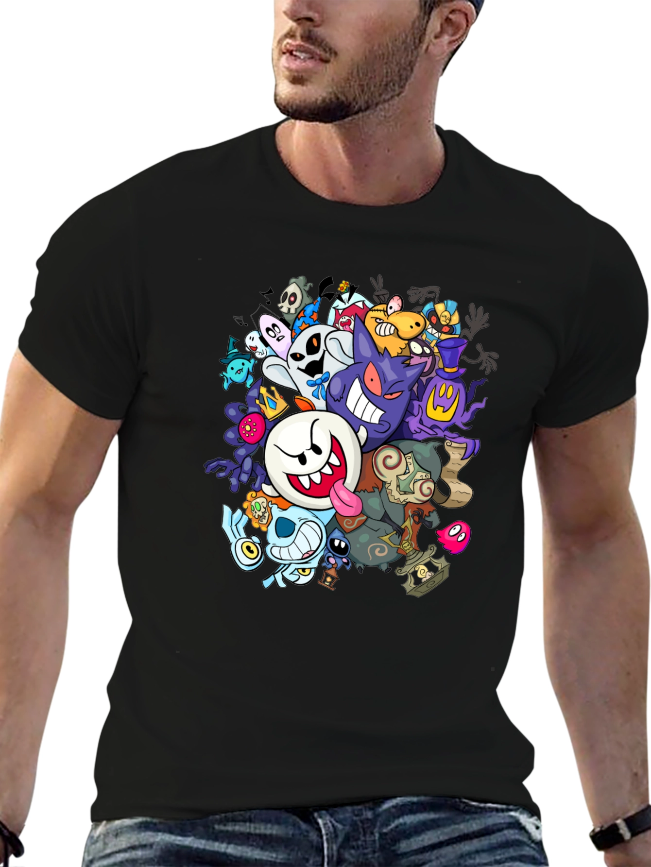 Black Ghostly Gathering T-Shirt: Spooky Cartoon Design view 6