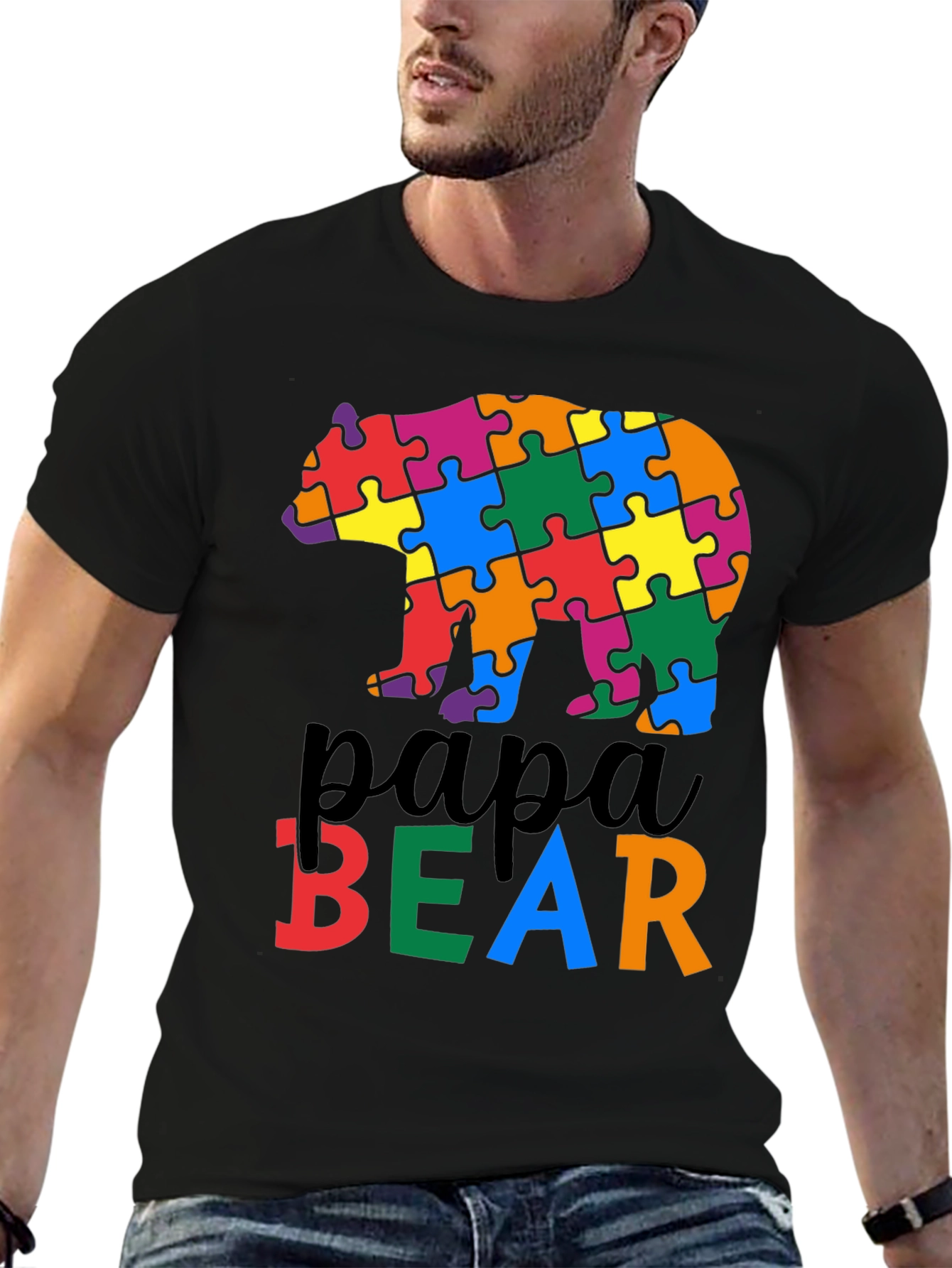 Black Papa Bear Autism Awareness T-Shirt view 6
