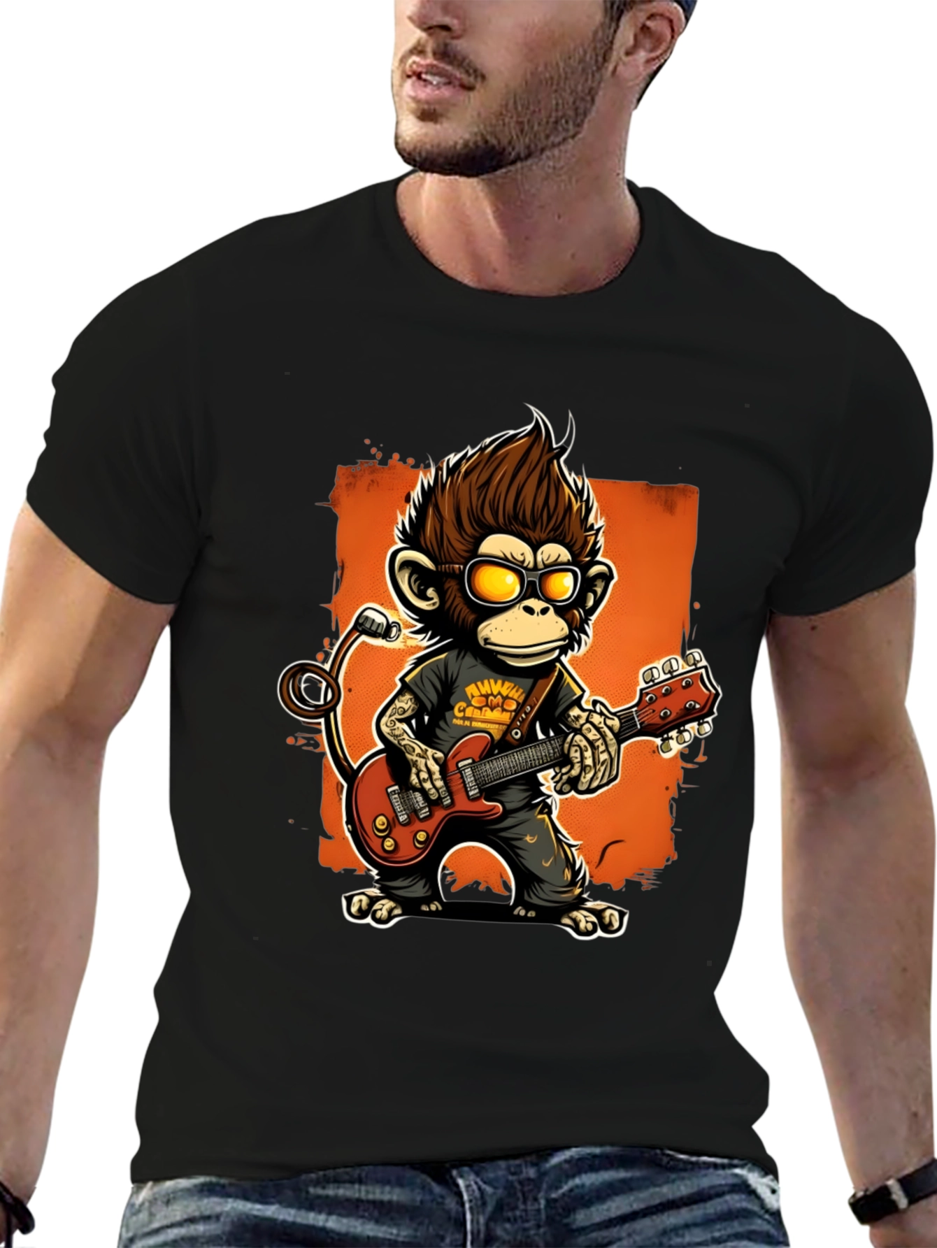 Black Rockin' Monkey Guitarist Graphic Tee view 6