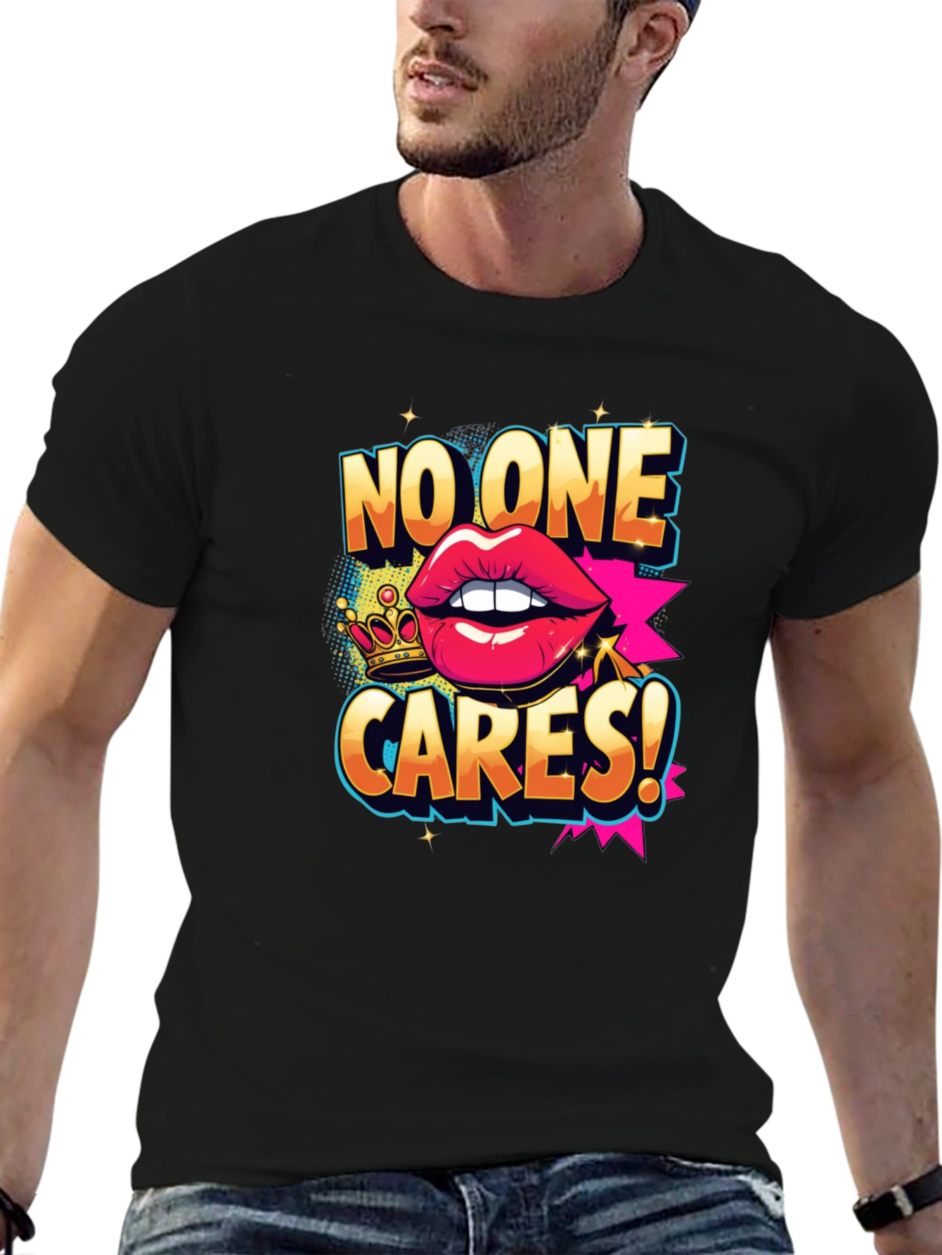 Black No One Cares Graphic Tee - Funny Slogan T-Shirt view 6