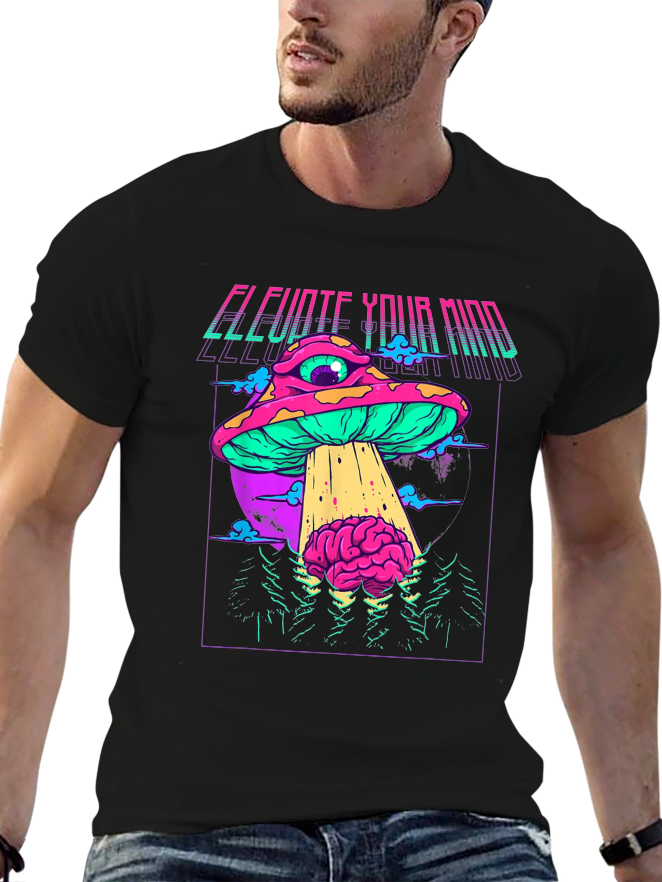 Black Elevate Your Mind Graphic T-Shirt - Retro Psychedelic Mushroom UFO view 6