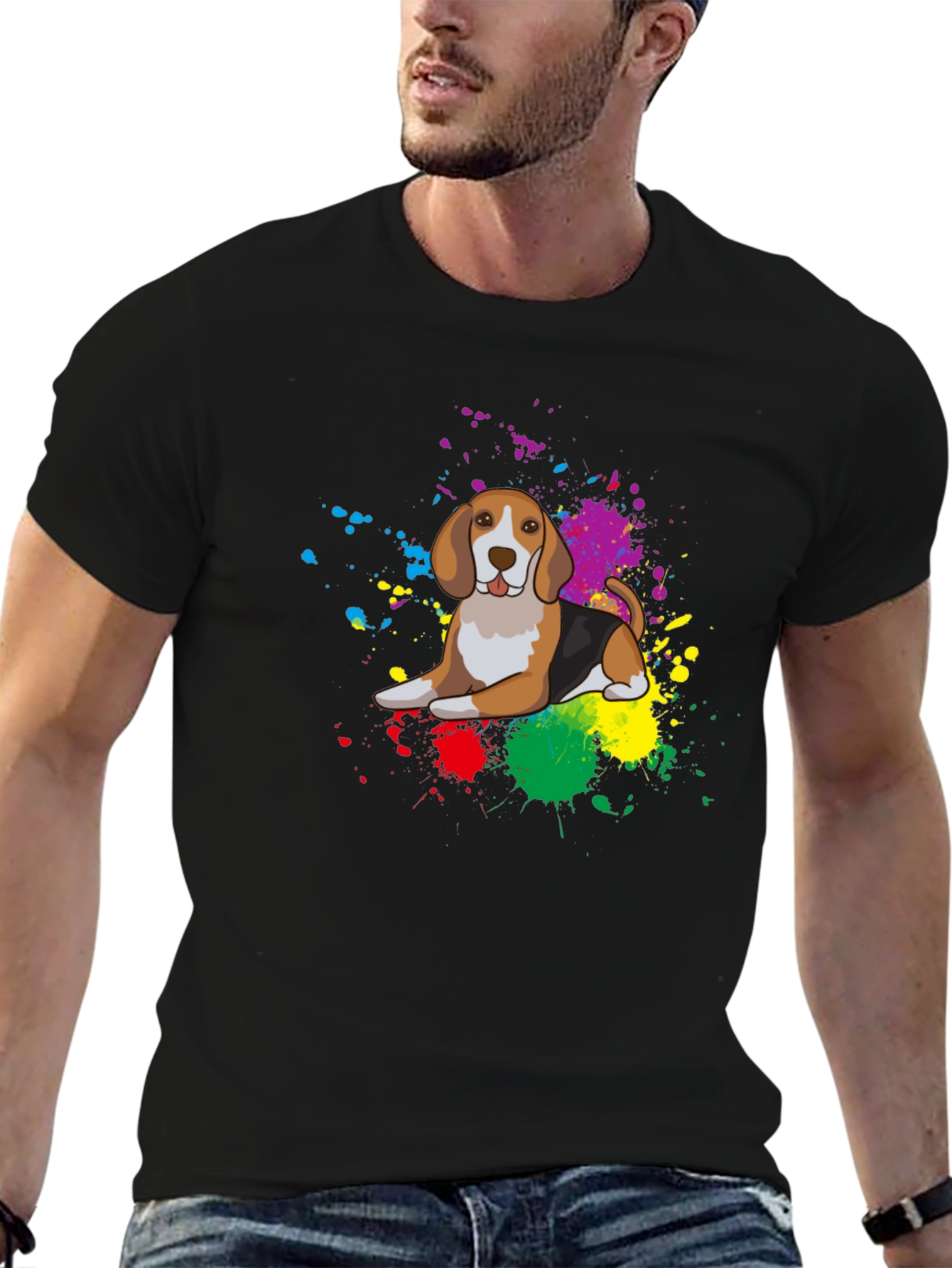 Black Beagle Dog Colorful Splatter T-Shirt - Unisex view 6