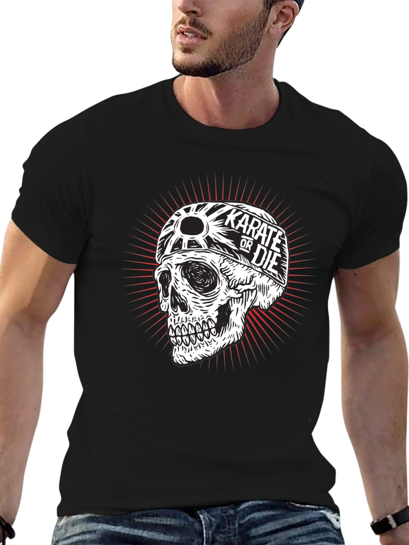 Black Karate or Die Skull Graphic Tee - Black Cotton T-Shirt view 6