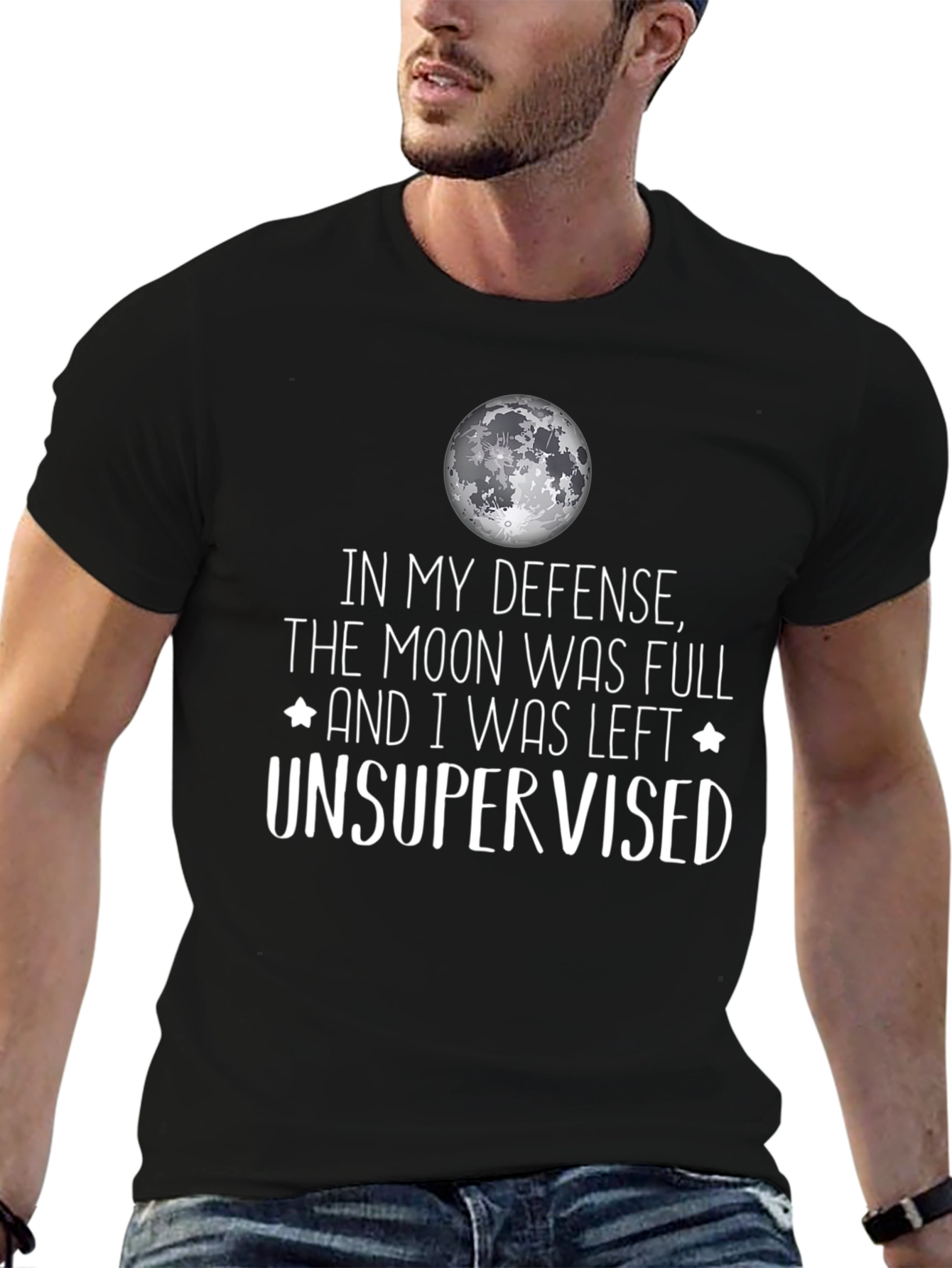 Black Funny Moon Full Unsupervised Graphic T-Shirt view 6