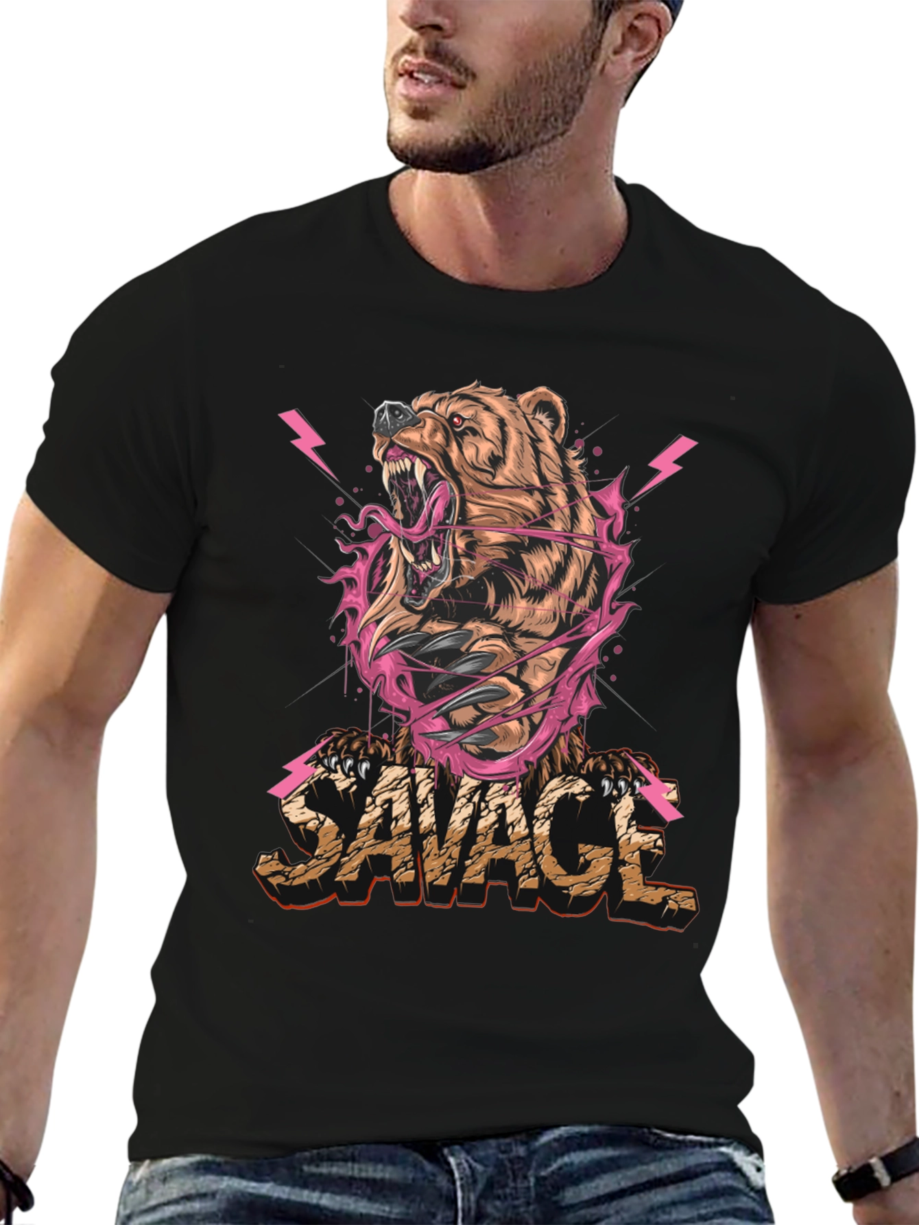 Black Savage Bear Graphic Print T-Shirt - Men's view 6