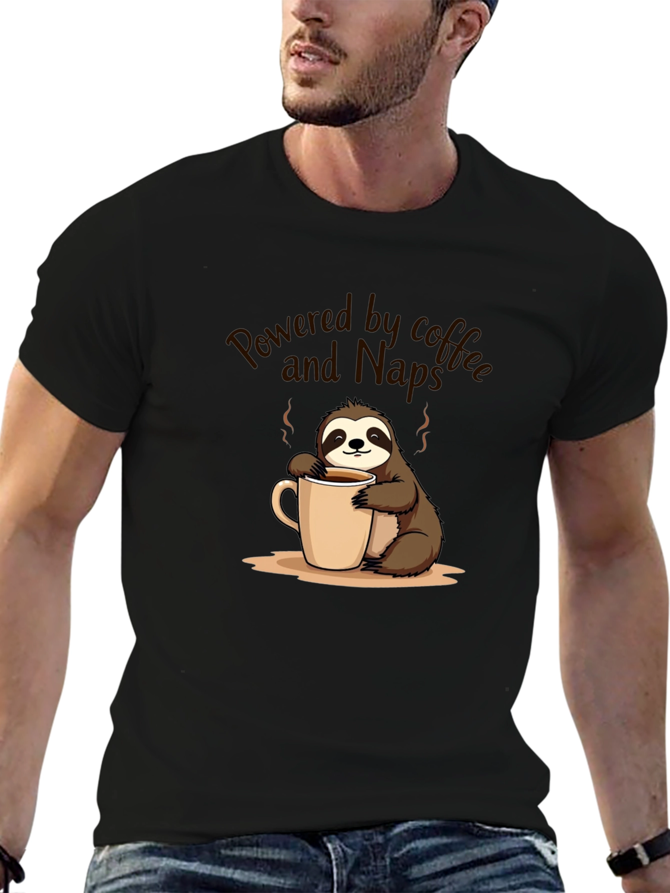 Black Powered by Coffee and Naps Sloth T-Shirt view 6