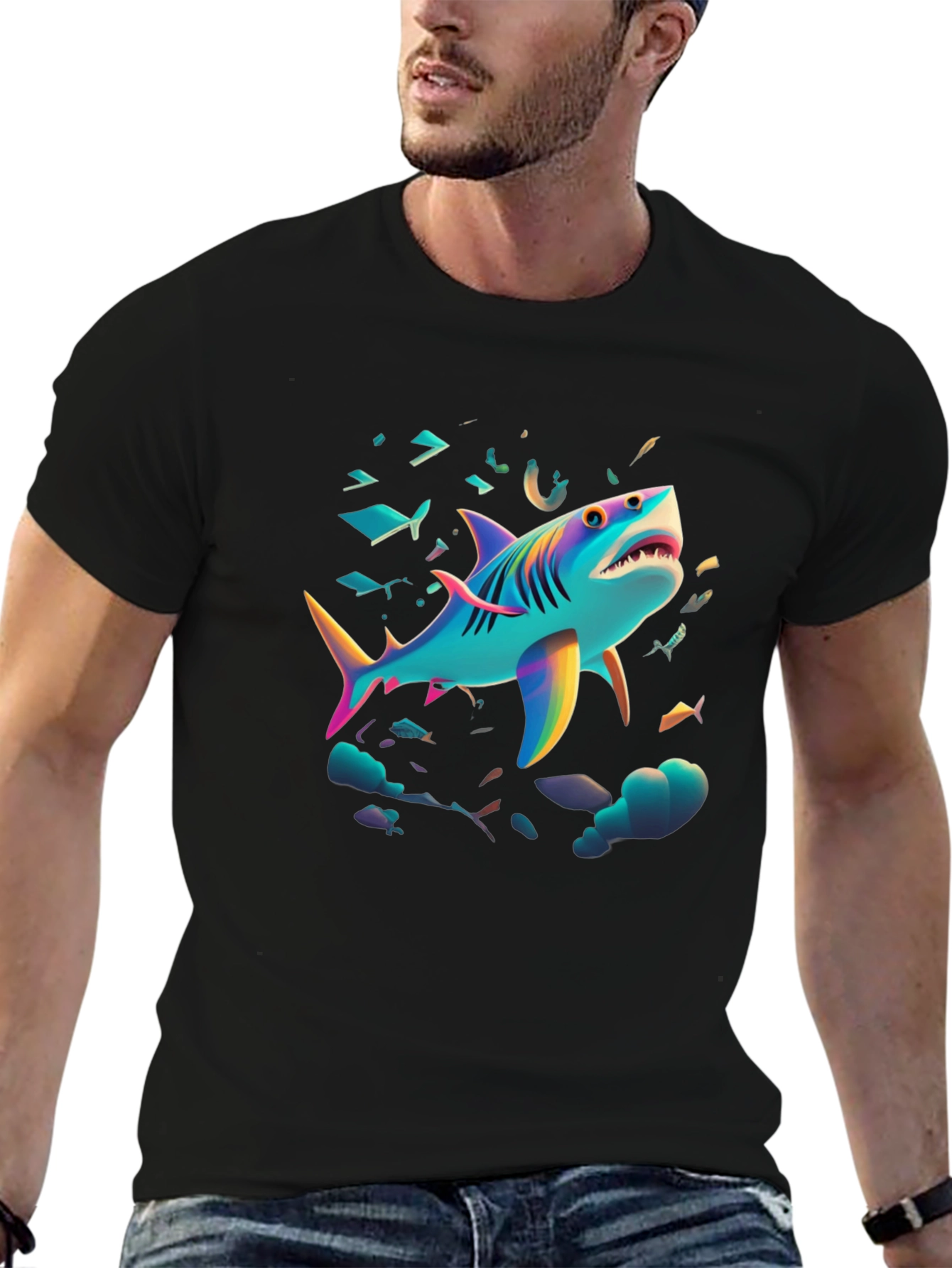 Black Vibrant Shark Graphic Tee - Black Cotton Blend view 6