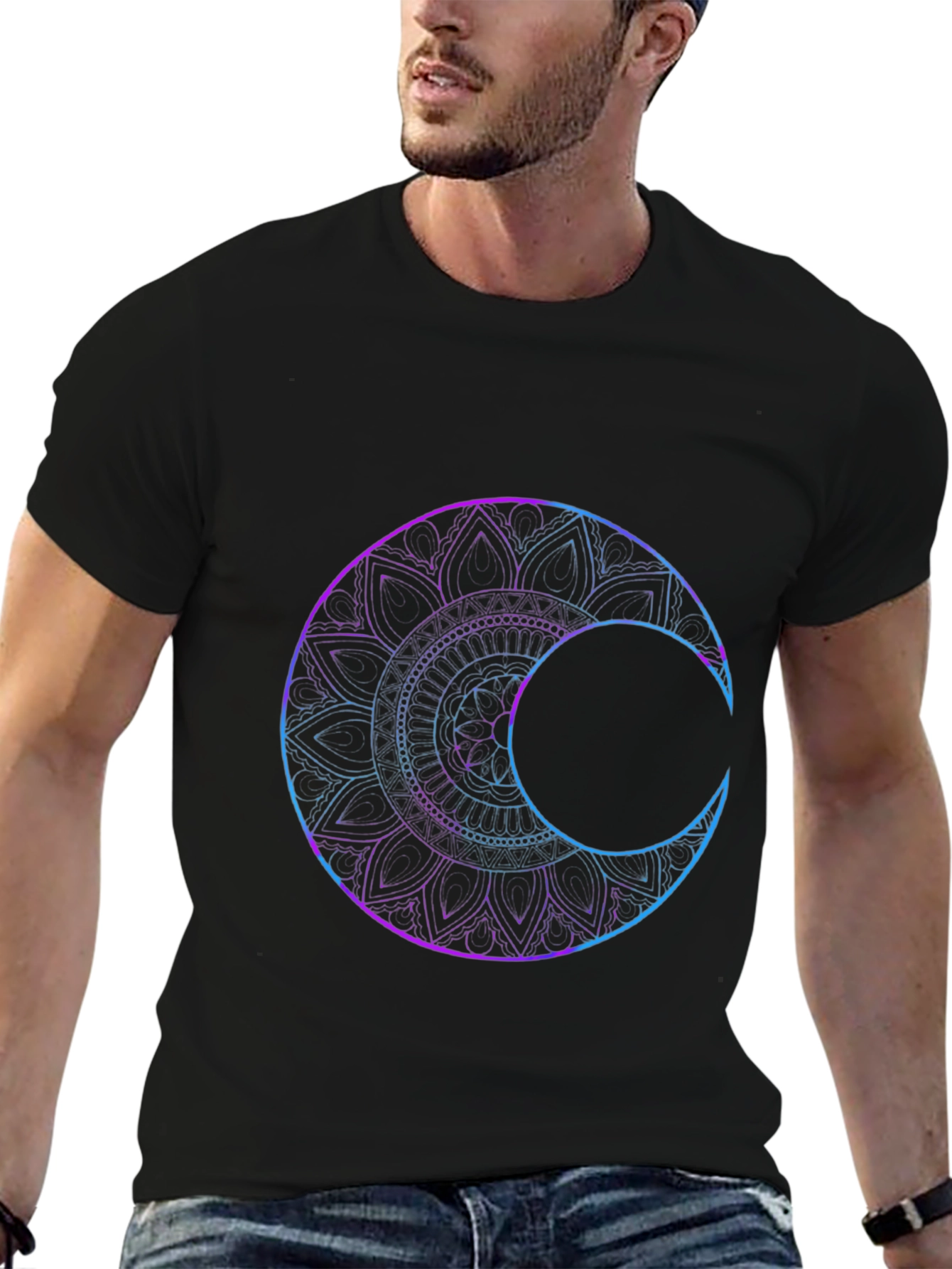 Black Mystic Mandala Moon Graphic T-Shirt view 6
