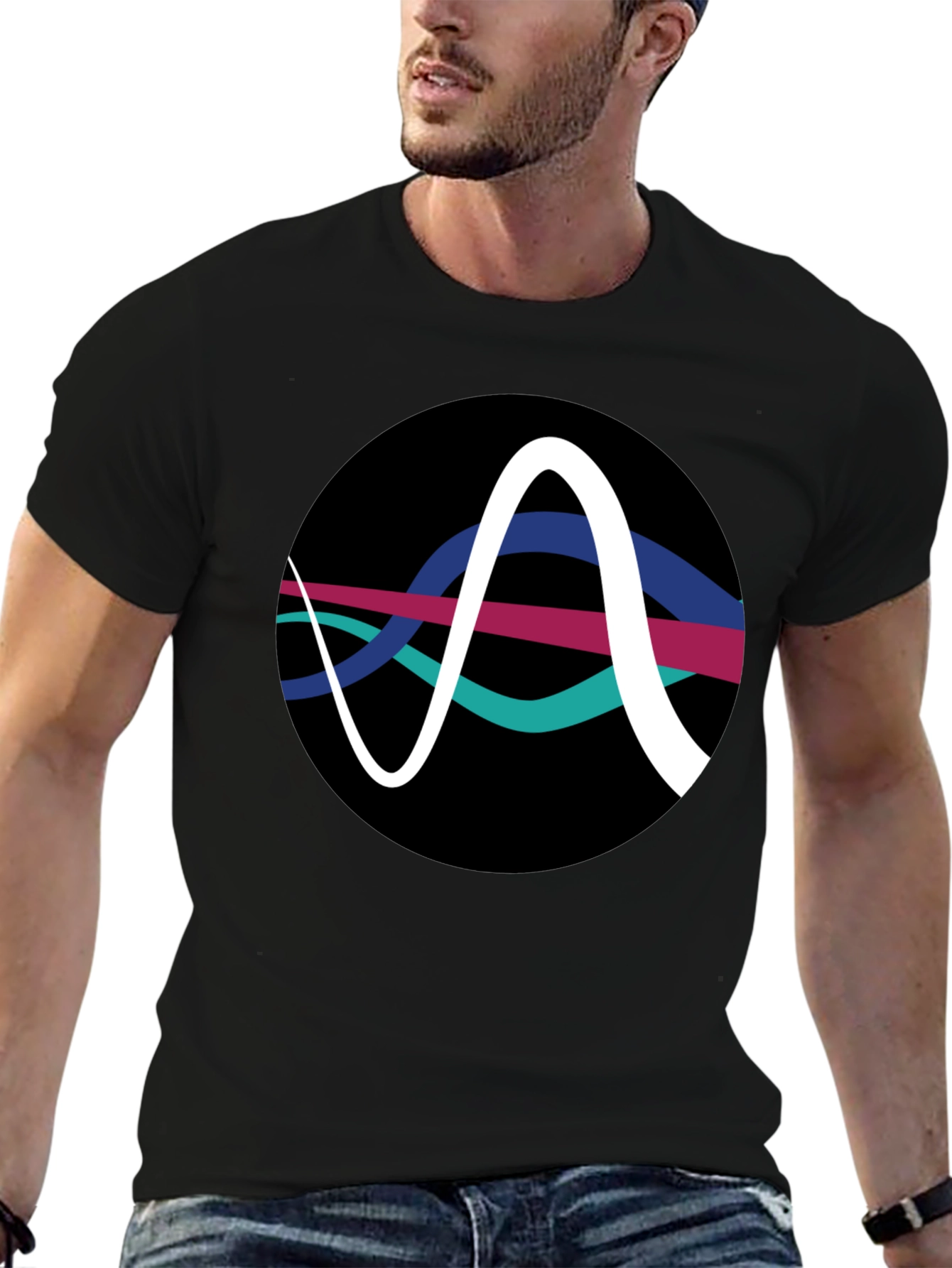 Black Abstract Wave Graphic Tee - Black Cotton T-Shirt view 6