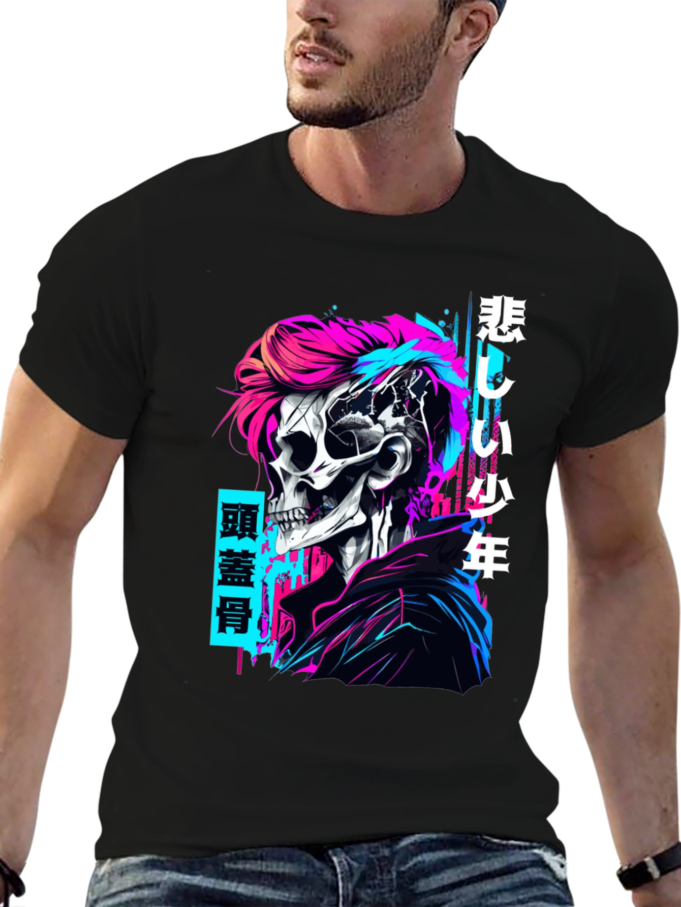 Black Cyberpunk Skull Graphic T-Shirt - Edgy Style view 6