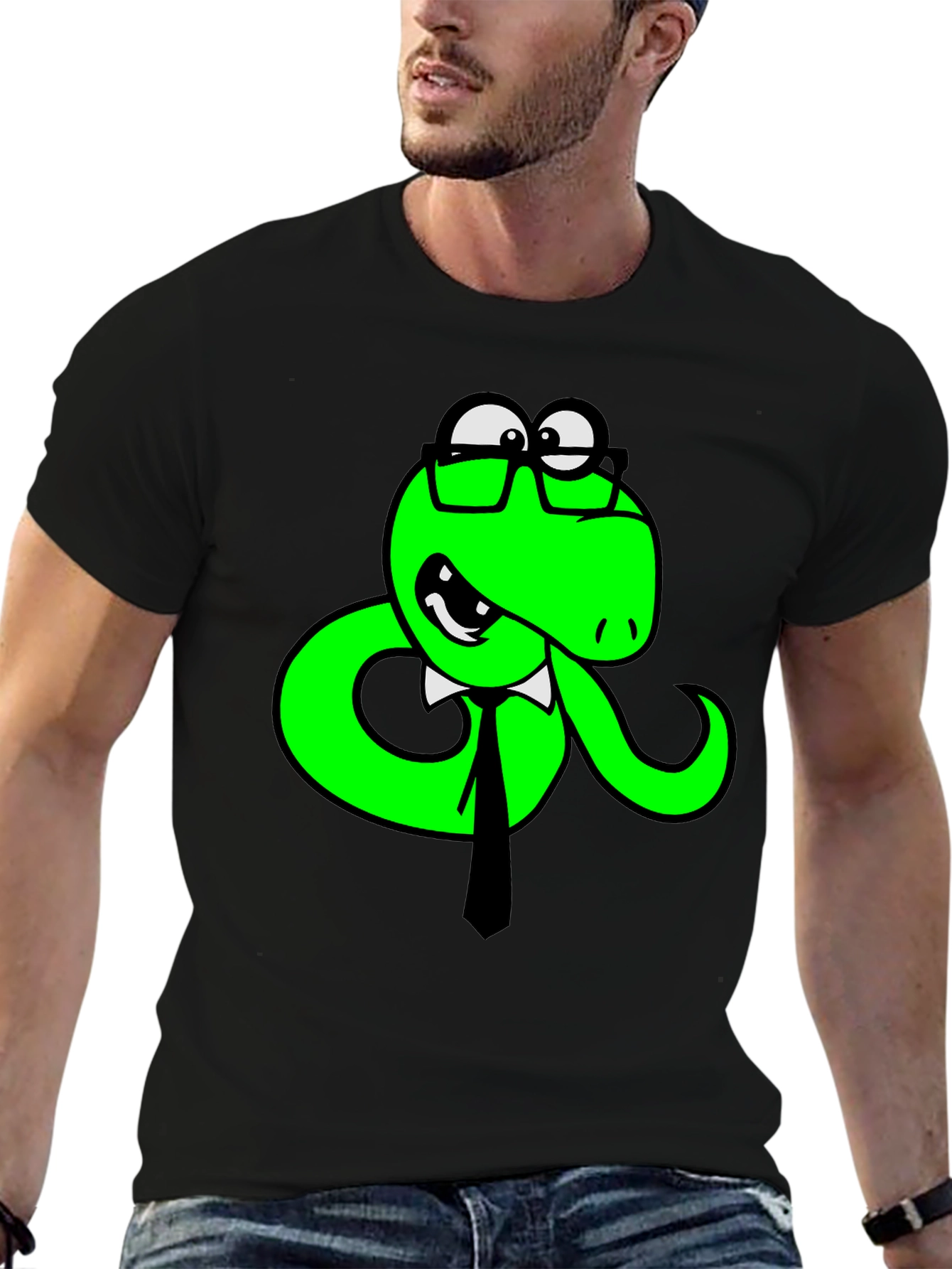 Black Funny Snake with Glasses Black T-Shirt view 6