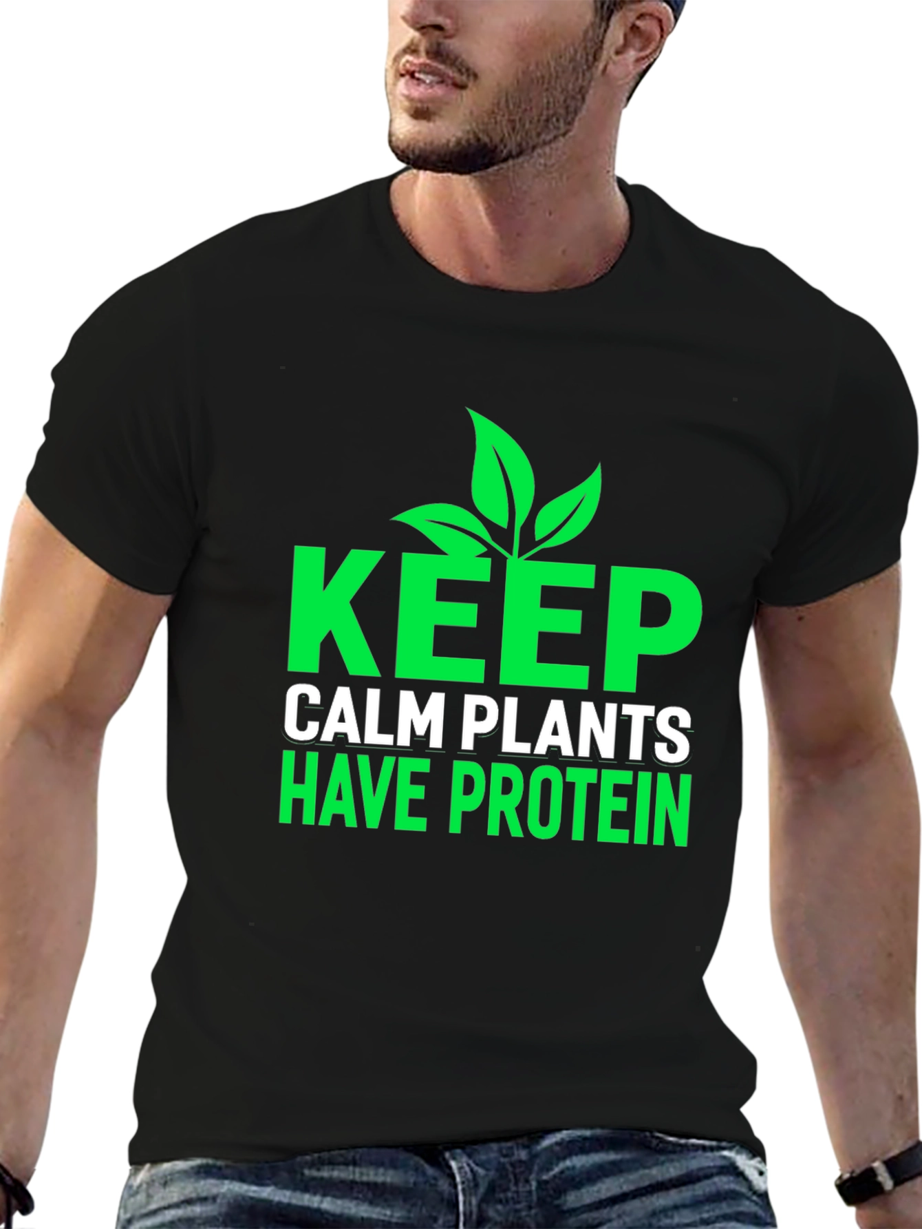 Black Keep Calm Plants Have Protein T-Shirt - Vegan Friendly view 6