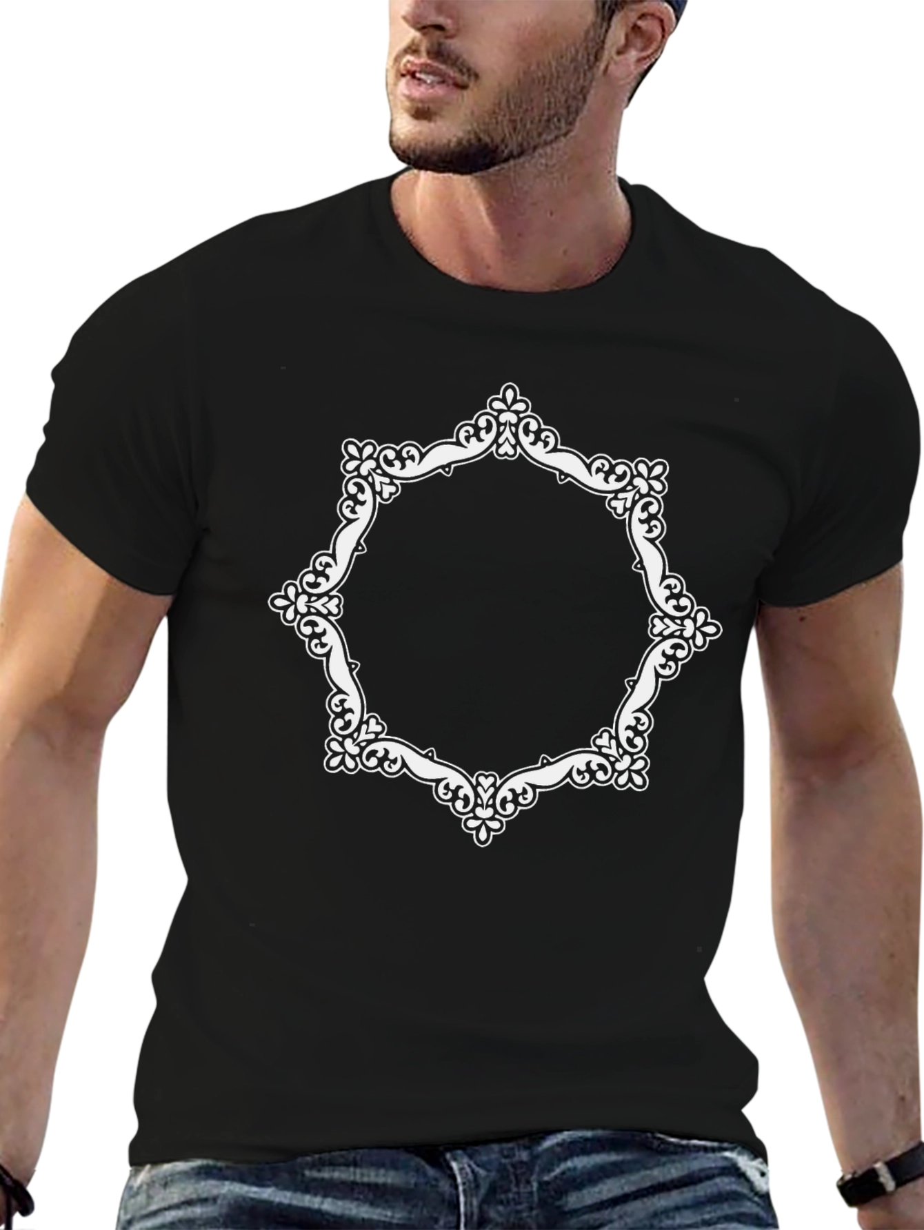 Black Black Tee with Ornamental Frame Design view 6