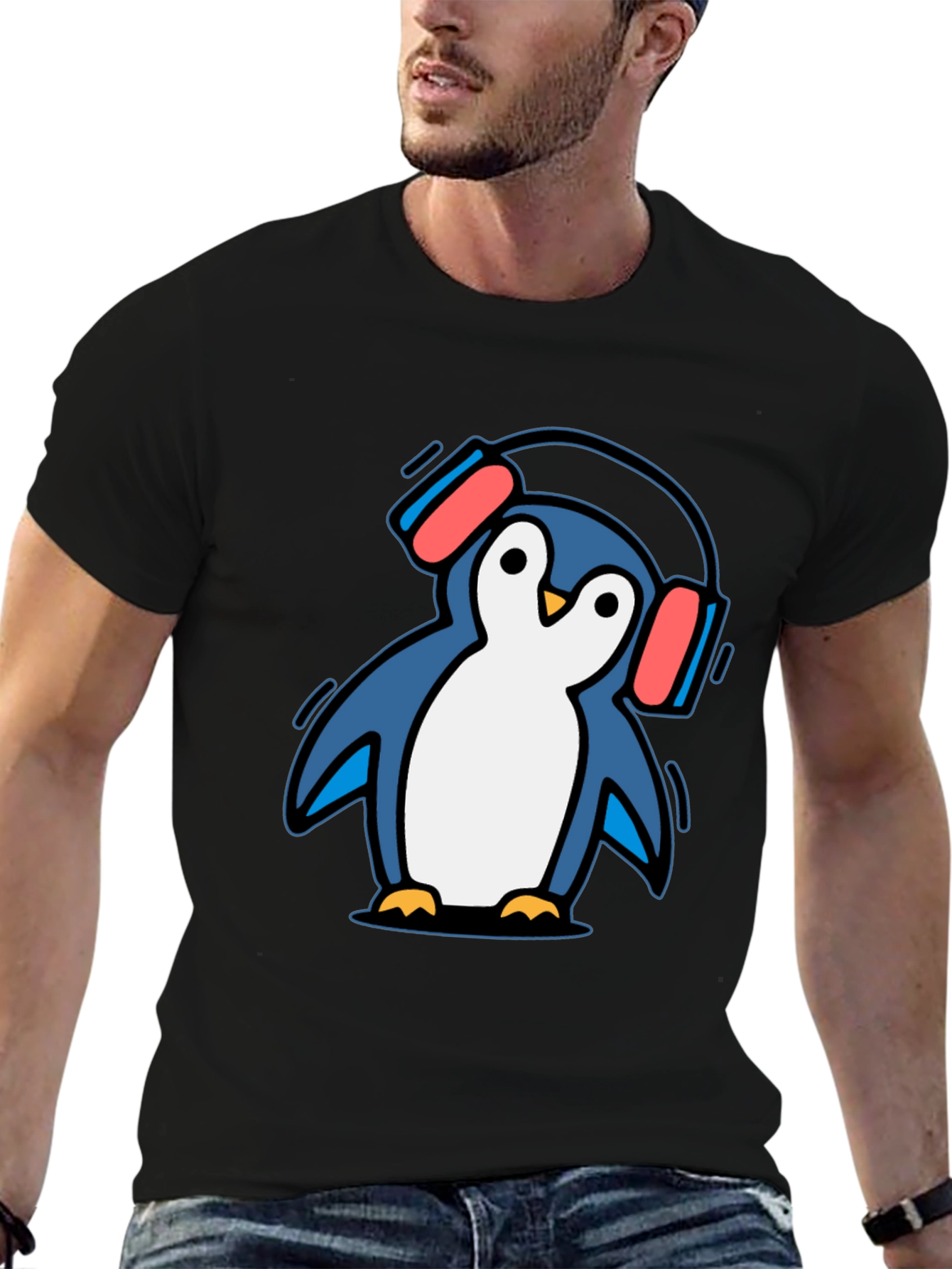 Black Penguin Headphone T-Shirt - Cool Graphic Tee view 6