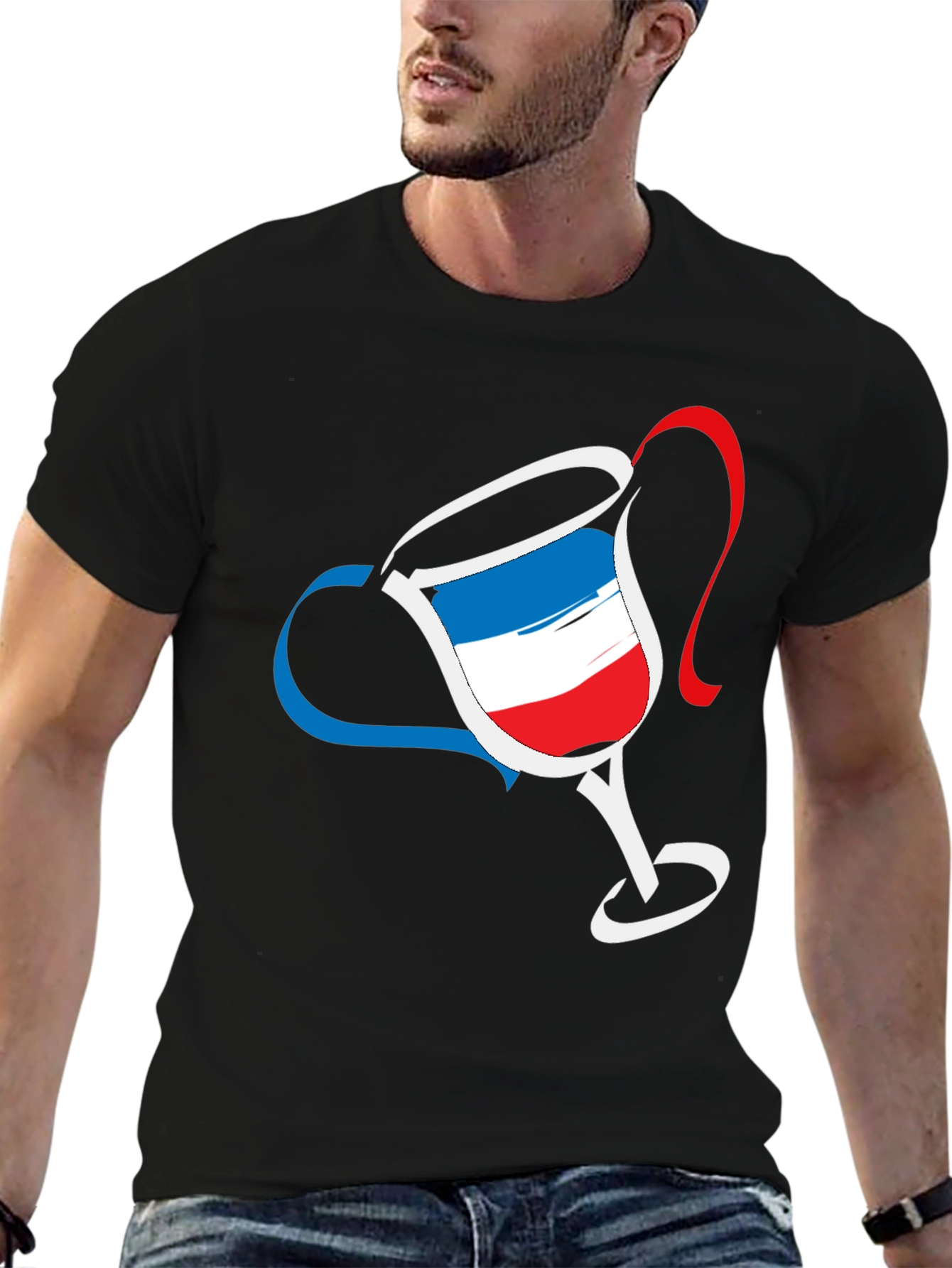 Black French Flag Wine Glass Graphic Tee - Men's Black T-Shirt view 6