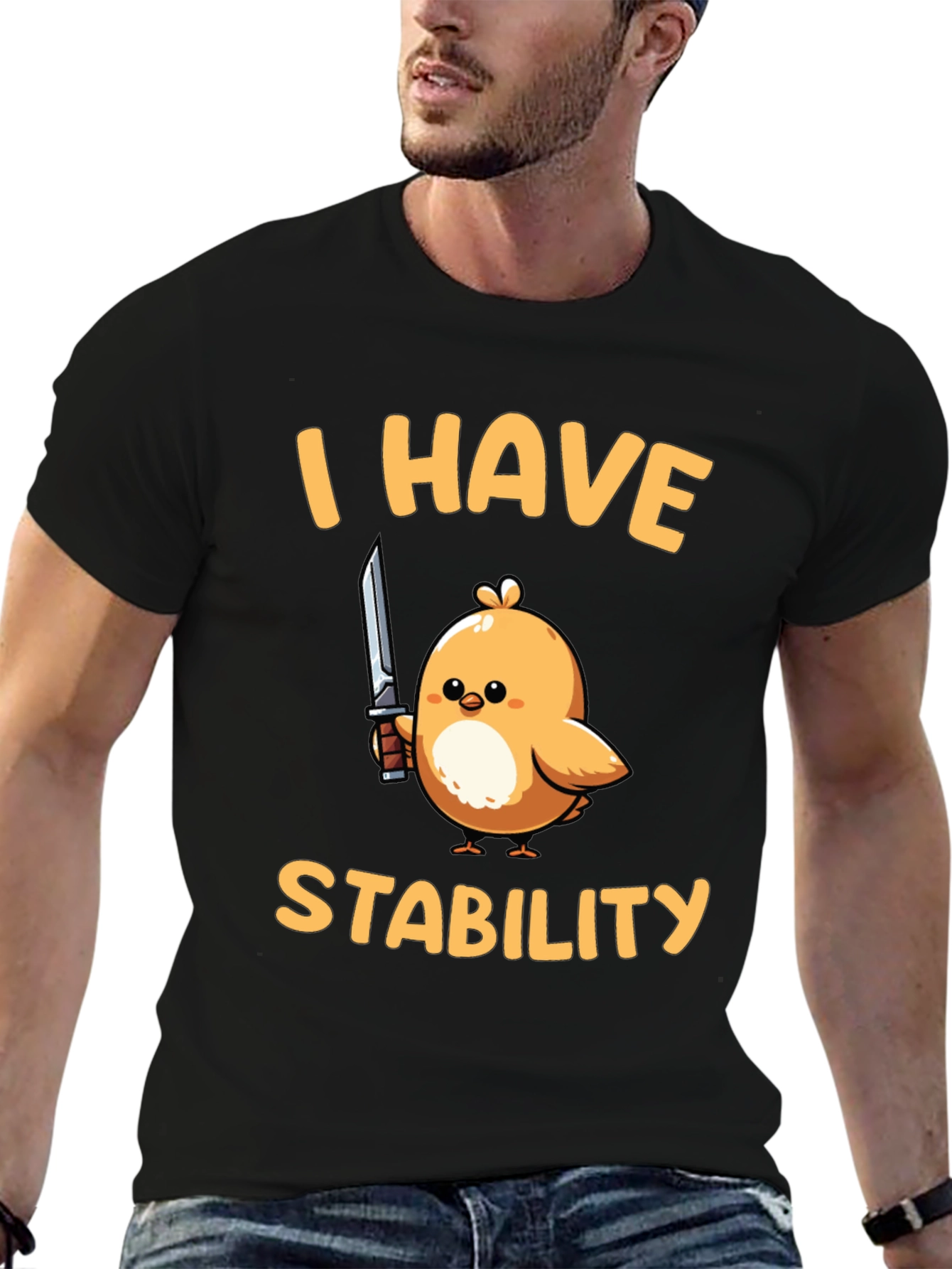 Black I Have Stability T-Shirt - Funny Bird with Knife Tee view 6