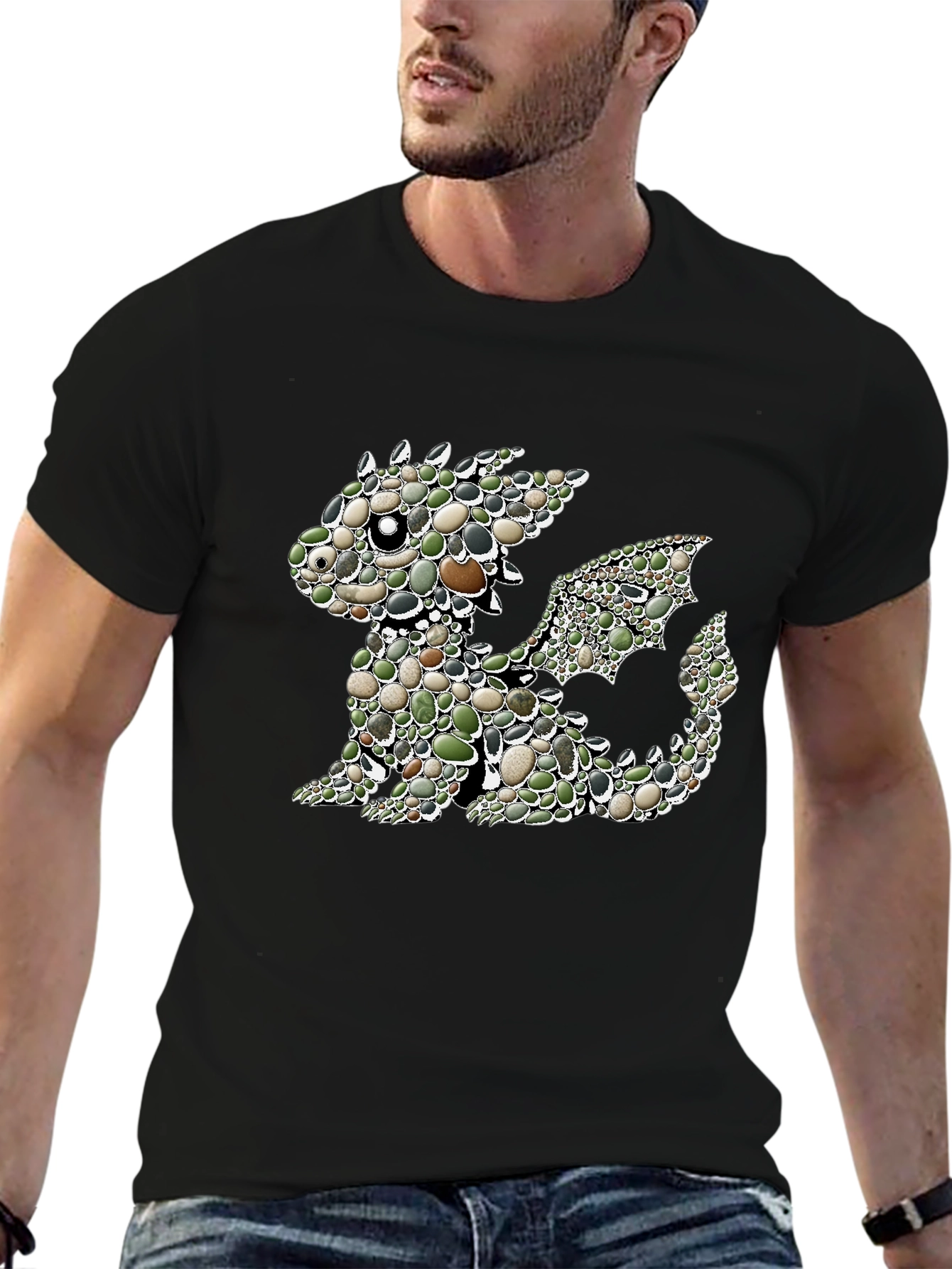 Dragon Pebble Art Graphic Black Tee - 6