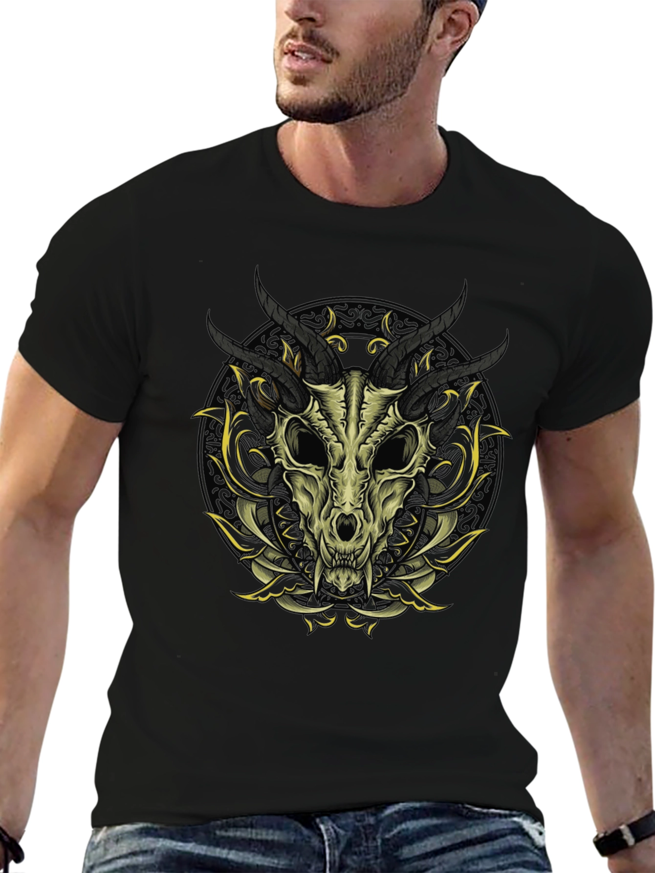 Black Skull & Horns Graphic Print T-Shirt view 6