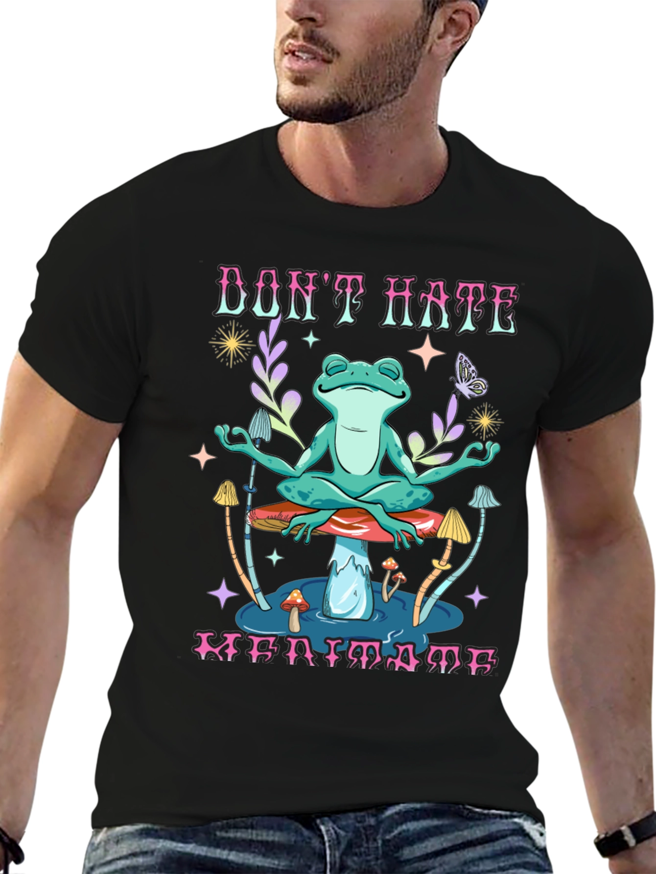 Black Don't Hate Meditate Frog Graphic T-Shirt view 6