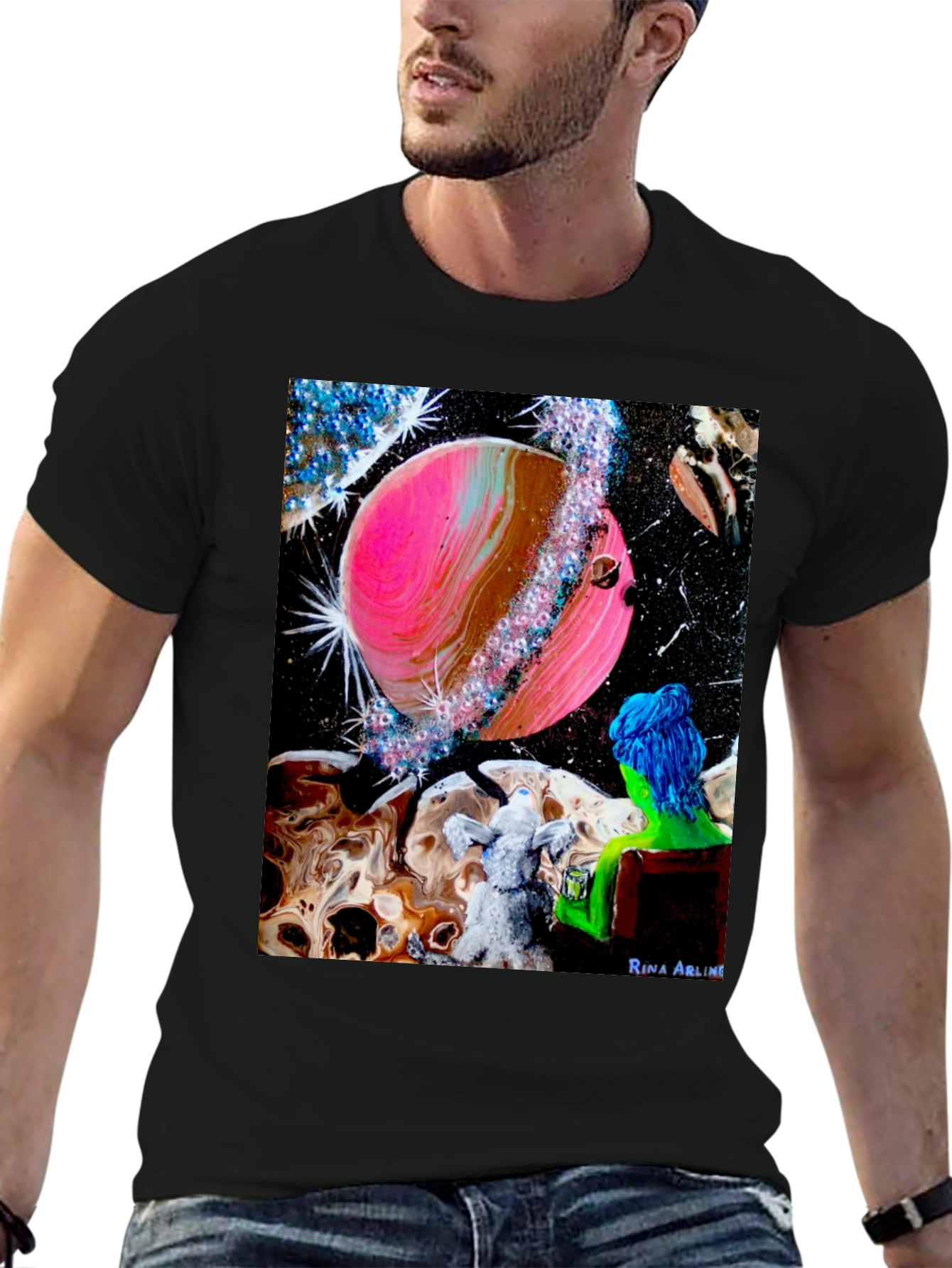 Black Cosmic Dreamer T-Shirt: Pink Planet & Blue Haired Girl view 6