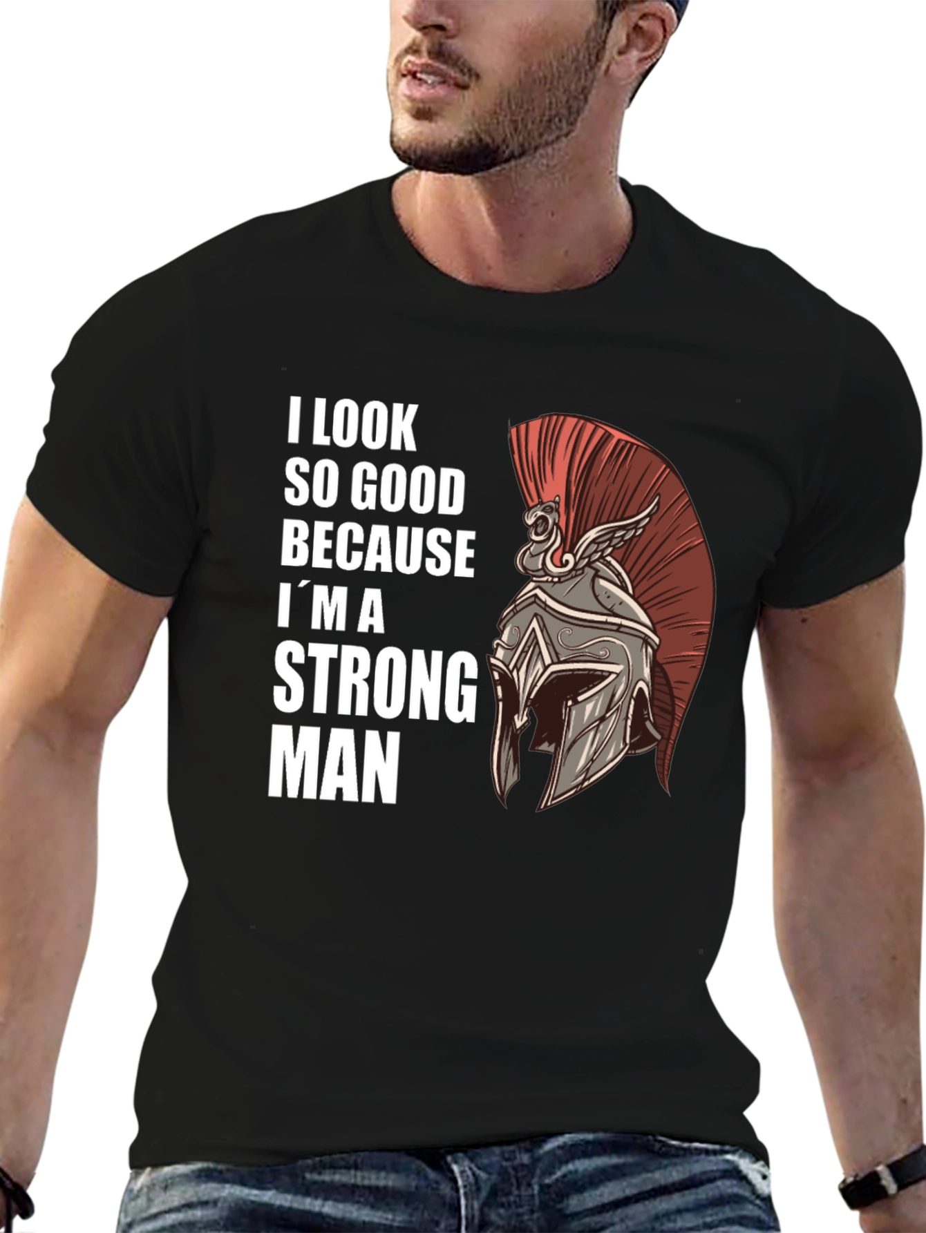 Black Strong Man Graphic Tee - Spartan Helmet Design view 6