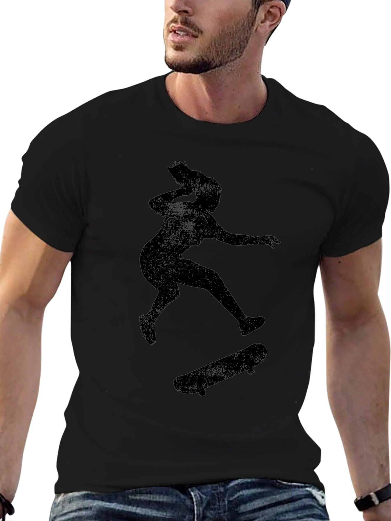 Black Skateboarder Graphic Tee - Black Cotton Casual T-Shirt view 6