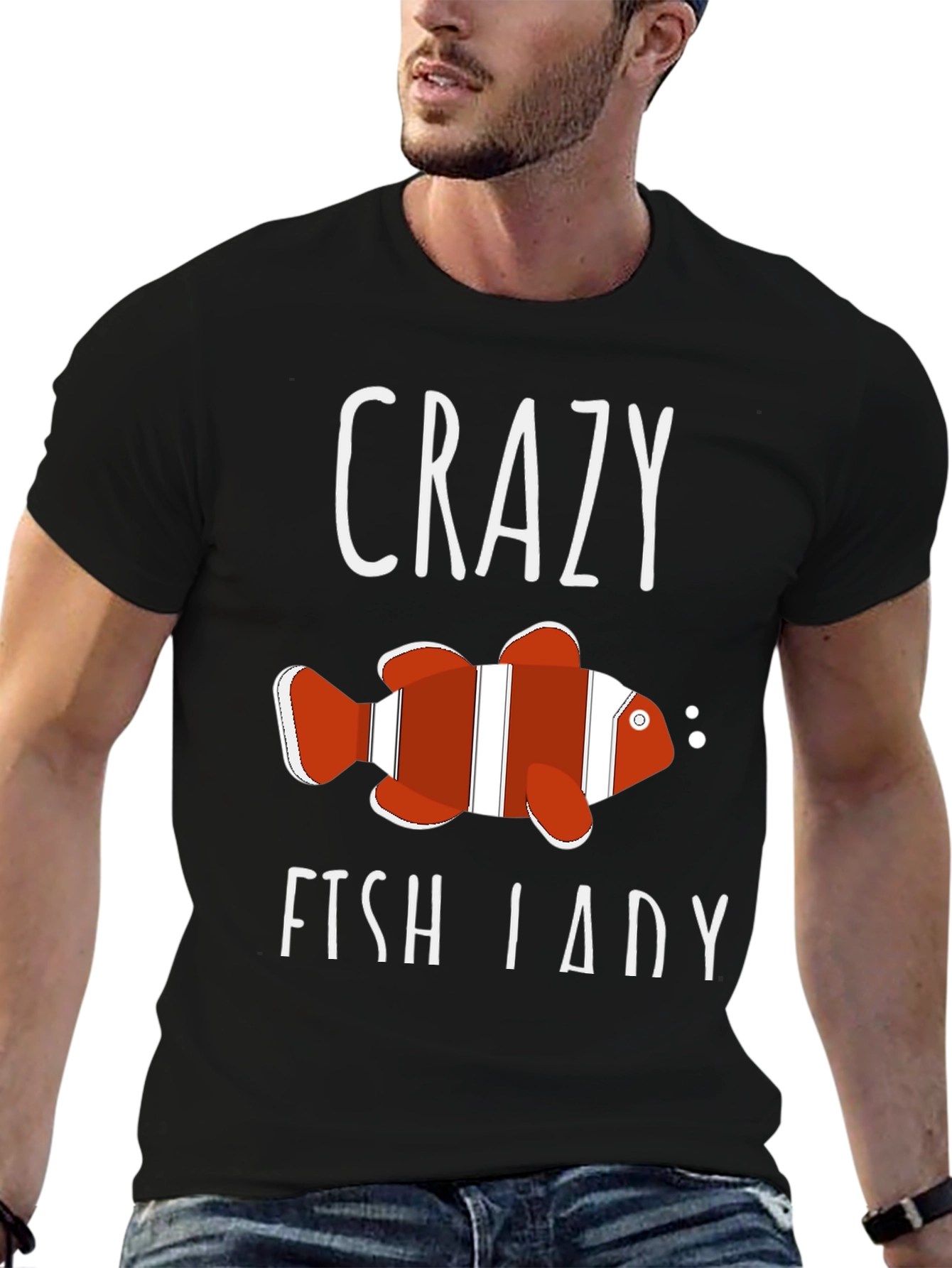 Black Crazy Fish Lady T-Shirt - Novelty Graphic Tee view 6