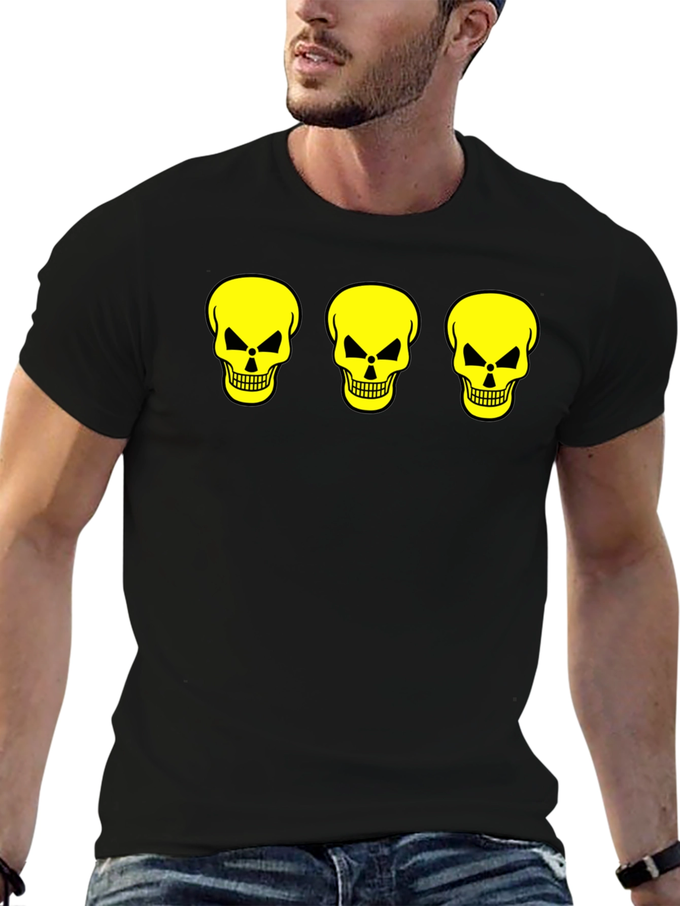 Black Skull Trio Graphic Tee - Black Cotton T-Shirt view 6