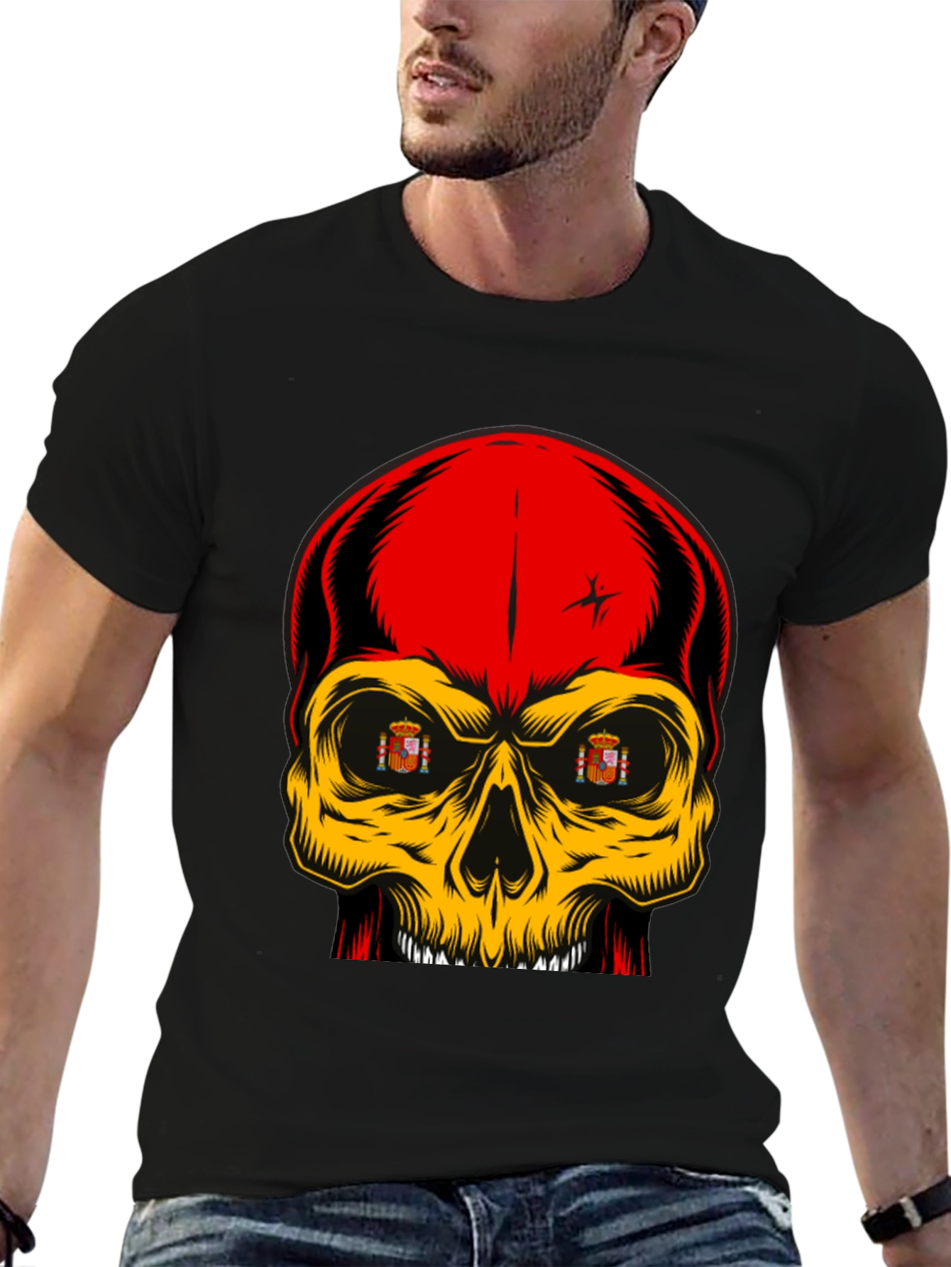 Black Spanish Flag Skull Graphic T-Shirt view 6