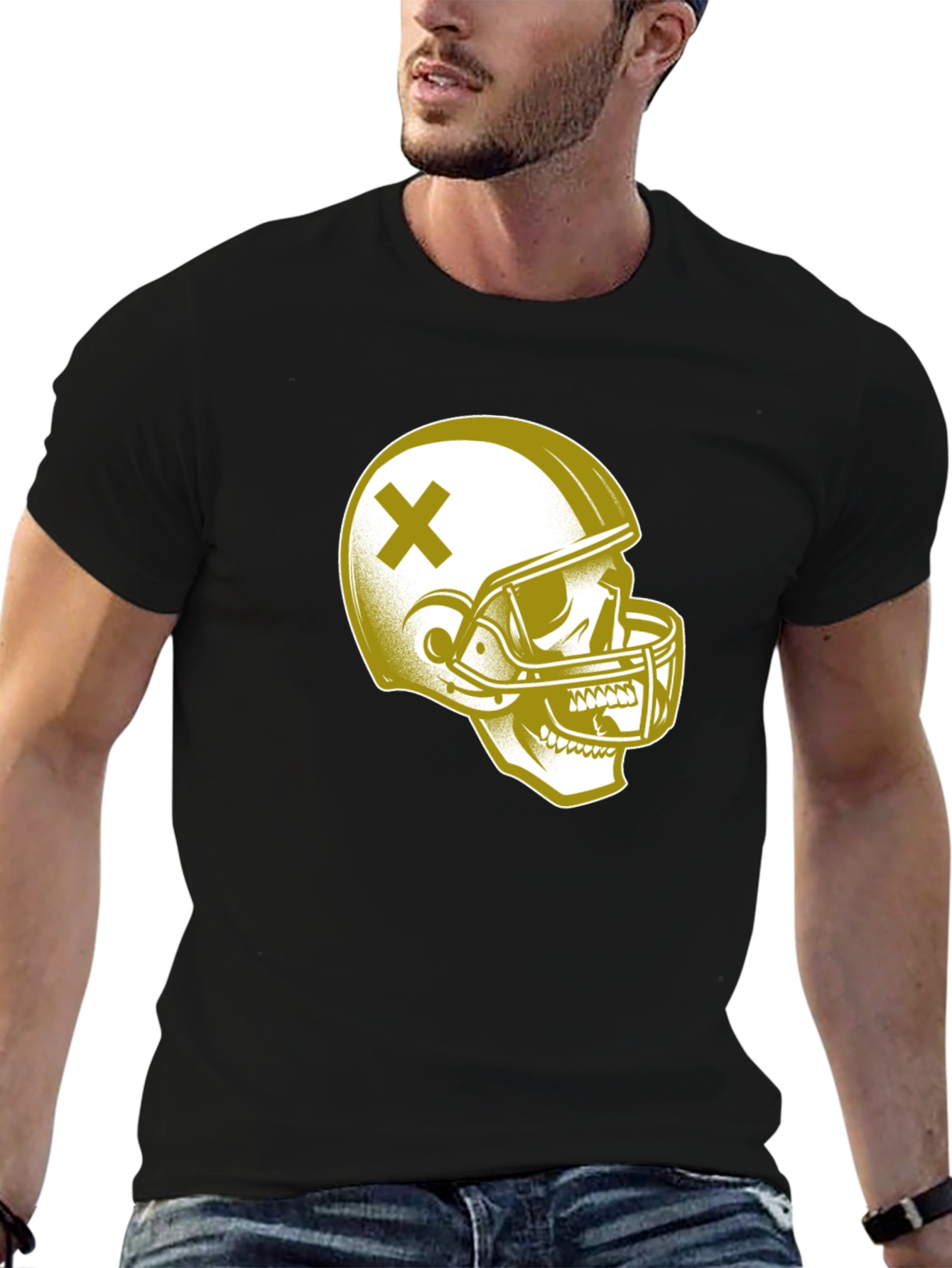 Black Skull Football Helmet Graphic T-Shirt view 6