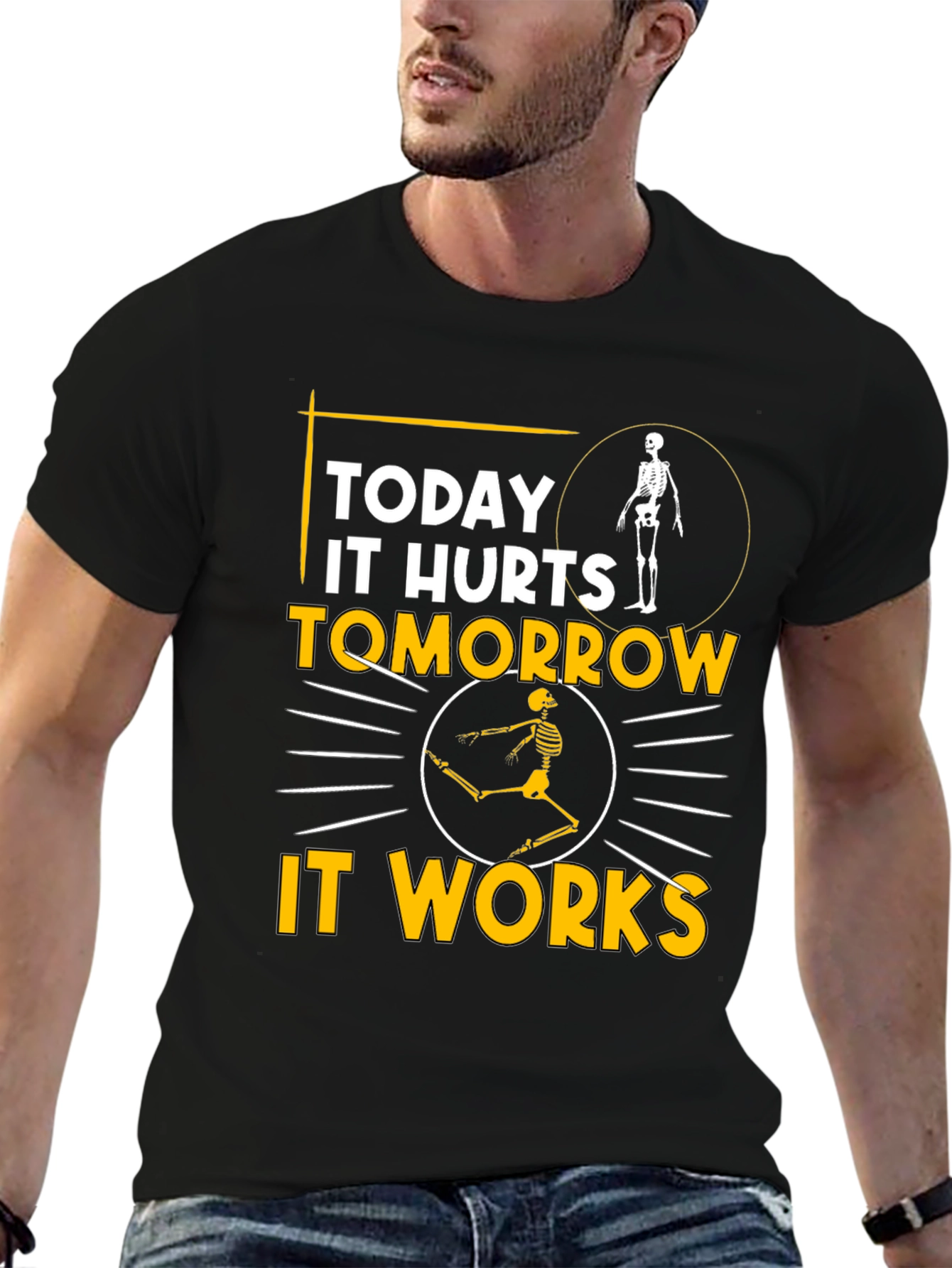 Black Funny Skeleton T-Shirt: Today It Hurts, Tomorrow It Works view 6