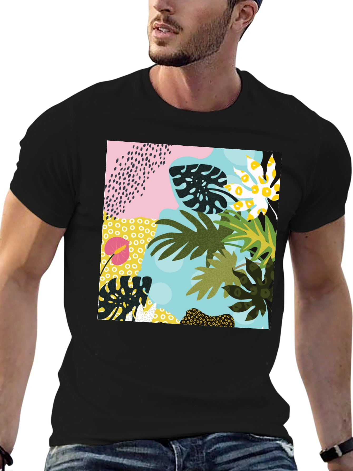 Black Tropical Print Black T-Shirt view 6