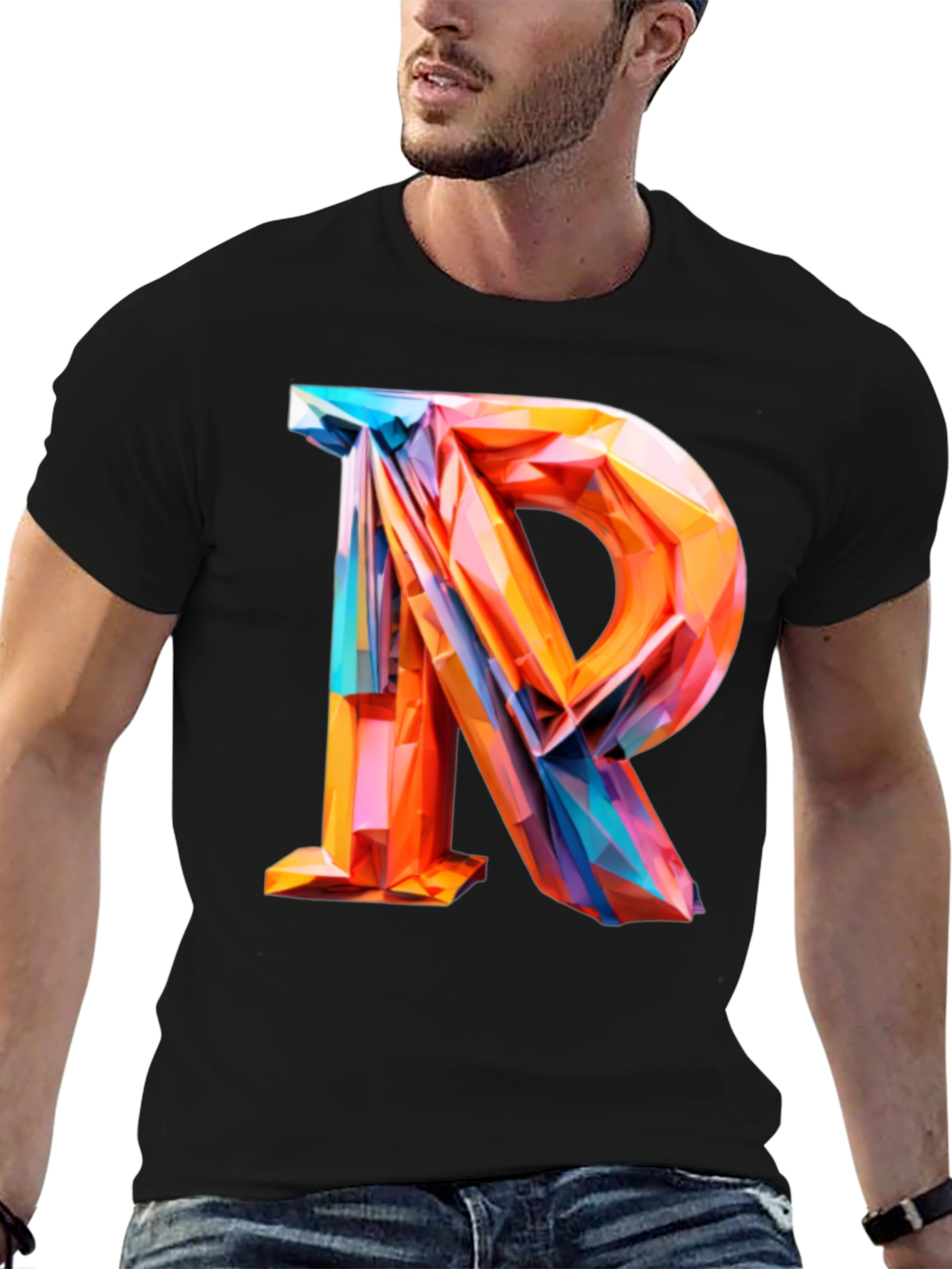 Black Abstract Letter R Graphic Tee - Modern Geometric Design view 6