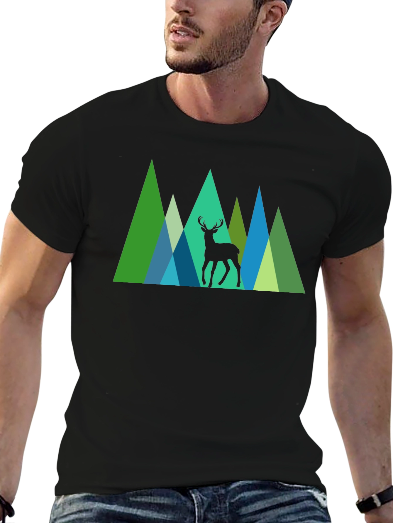 Black Geometric Deer Graphic Tee - Nature Inspired Black T-Shirt view 6