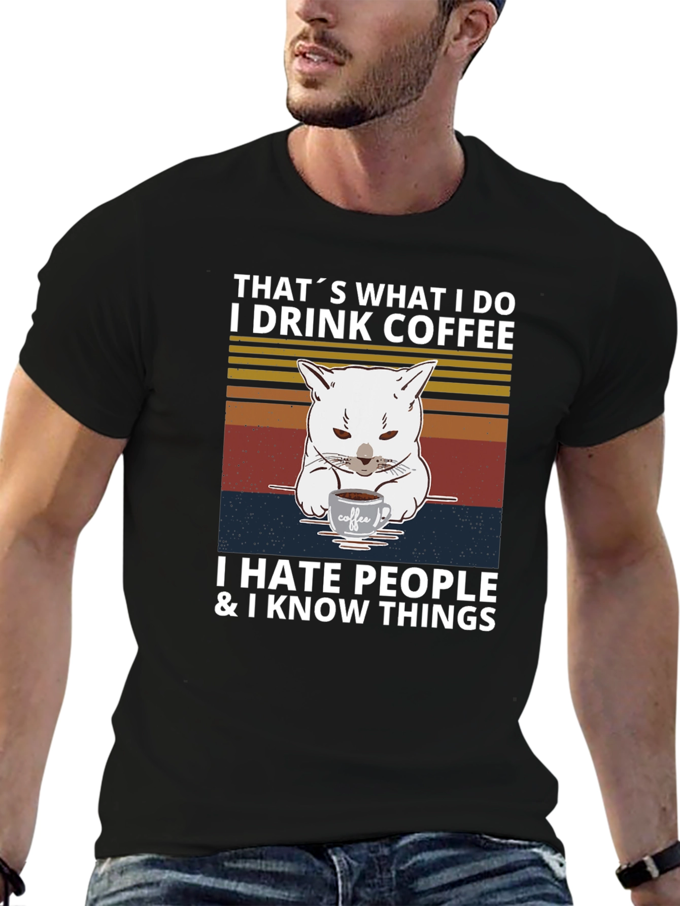 Black I Drink Coffee, I Hate People Cat T-Shirt view 6