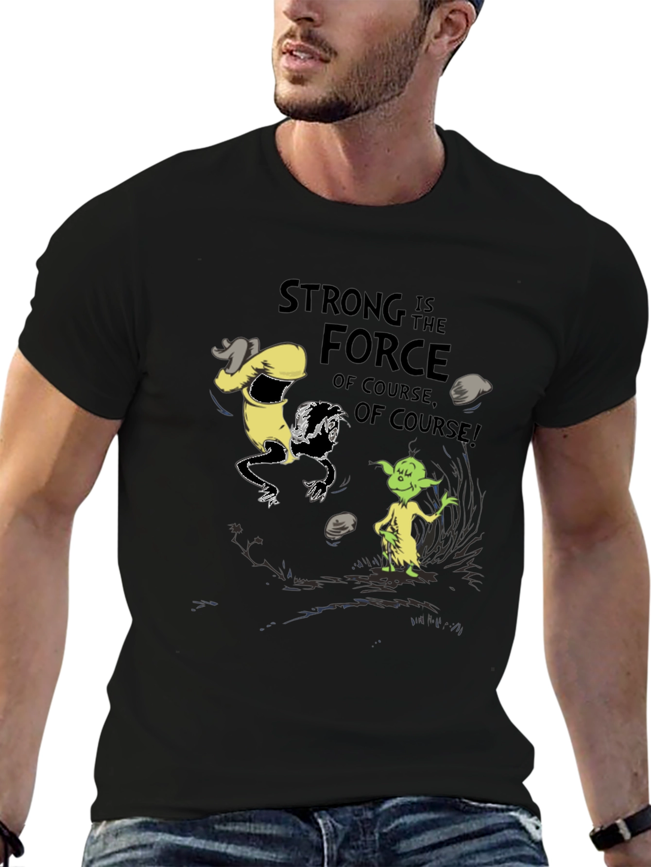 Black Grinch Yoda "Strong Force" Black T-Shirt view 6