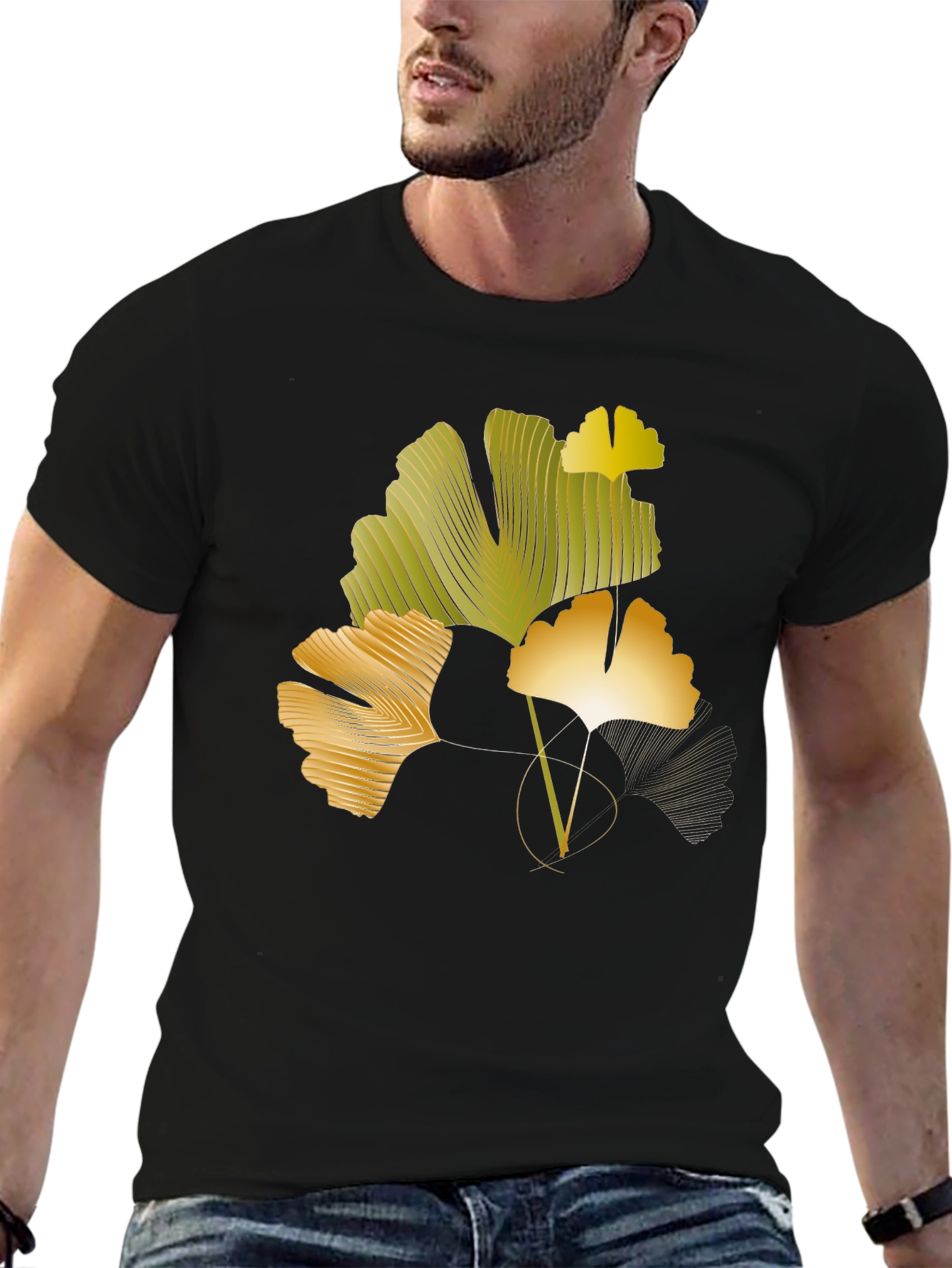 Black Ginkgo Leaf Graphic Black T-Shirt view 6
