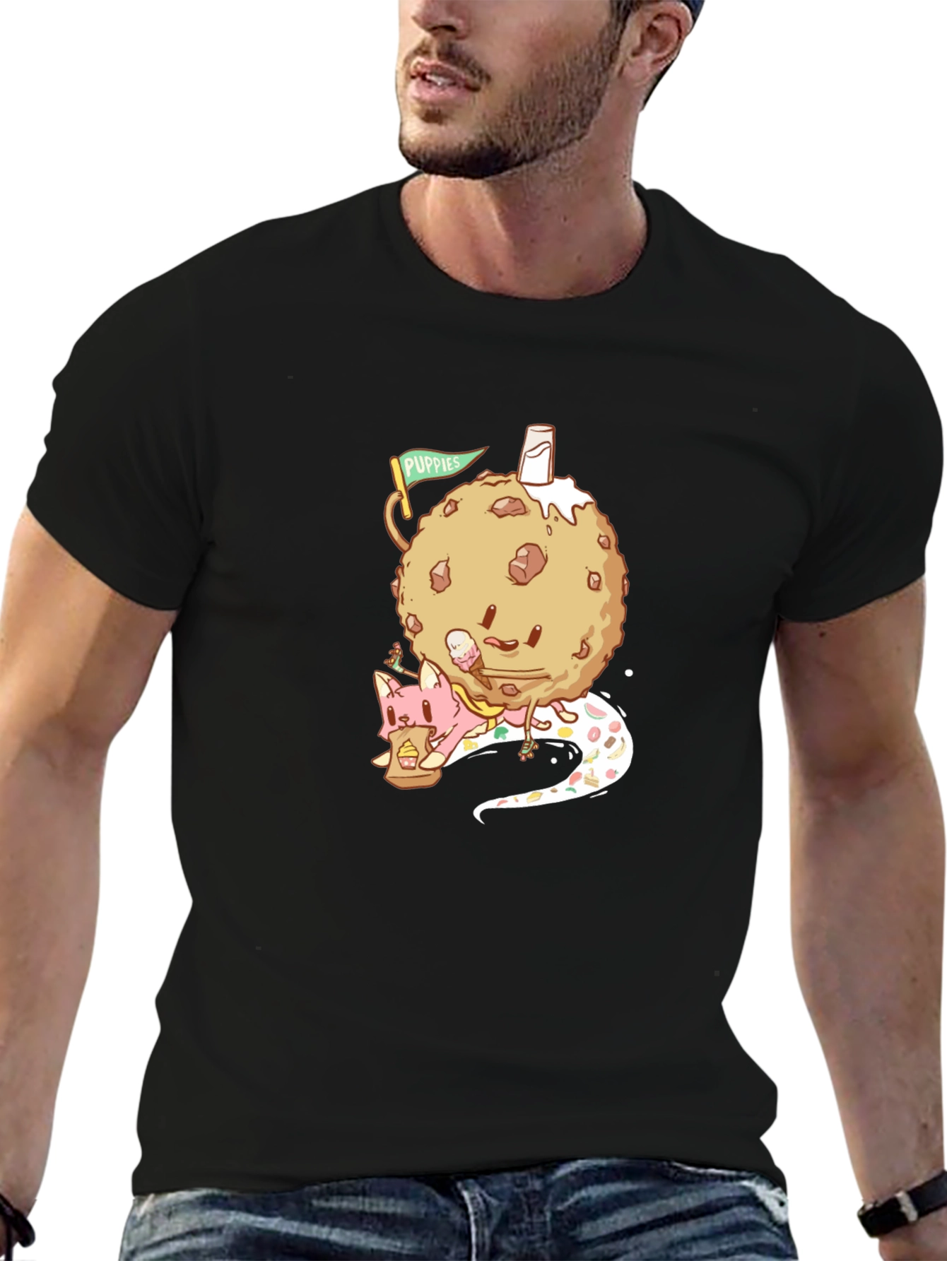 Black Cookie and Cat Graphic Tee - Fun Black T-Shirt view 6