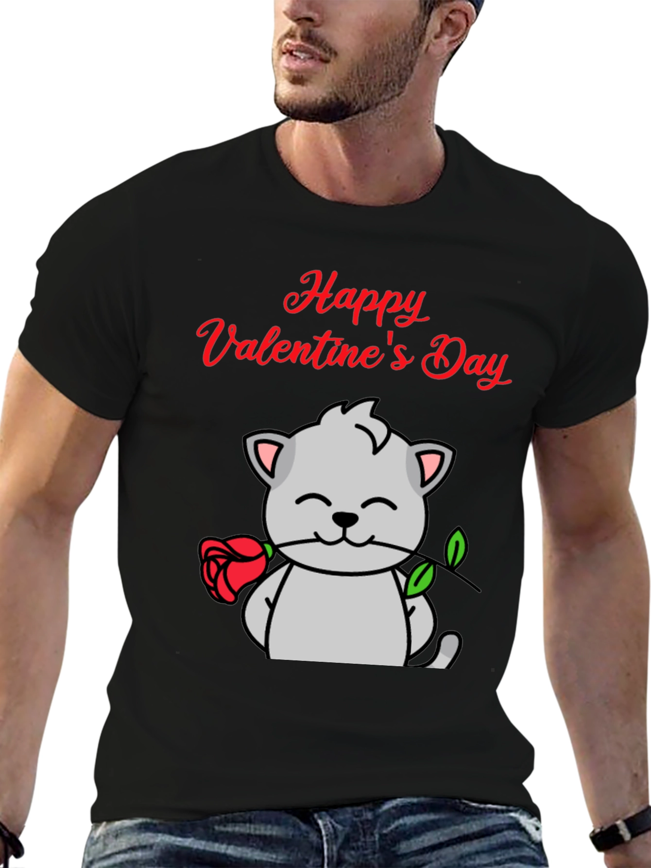 Black Happy Valentine's Day Cat T-Shirt view 6