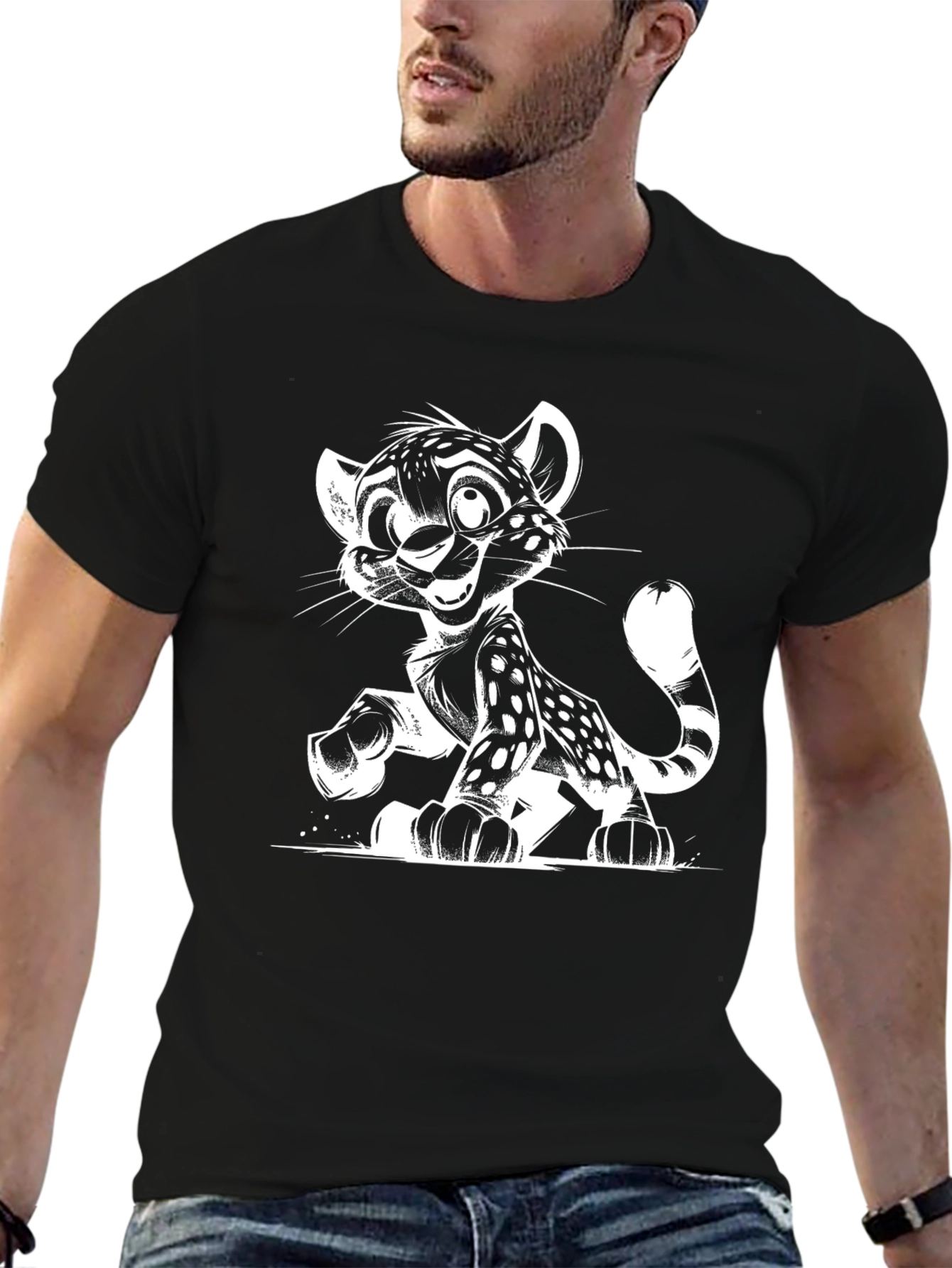 Black Cartoon Leopard Graphic Print Black T-Shirt view 6
