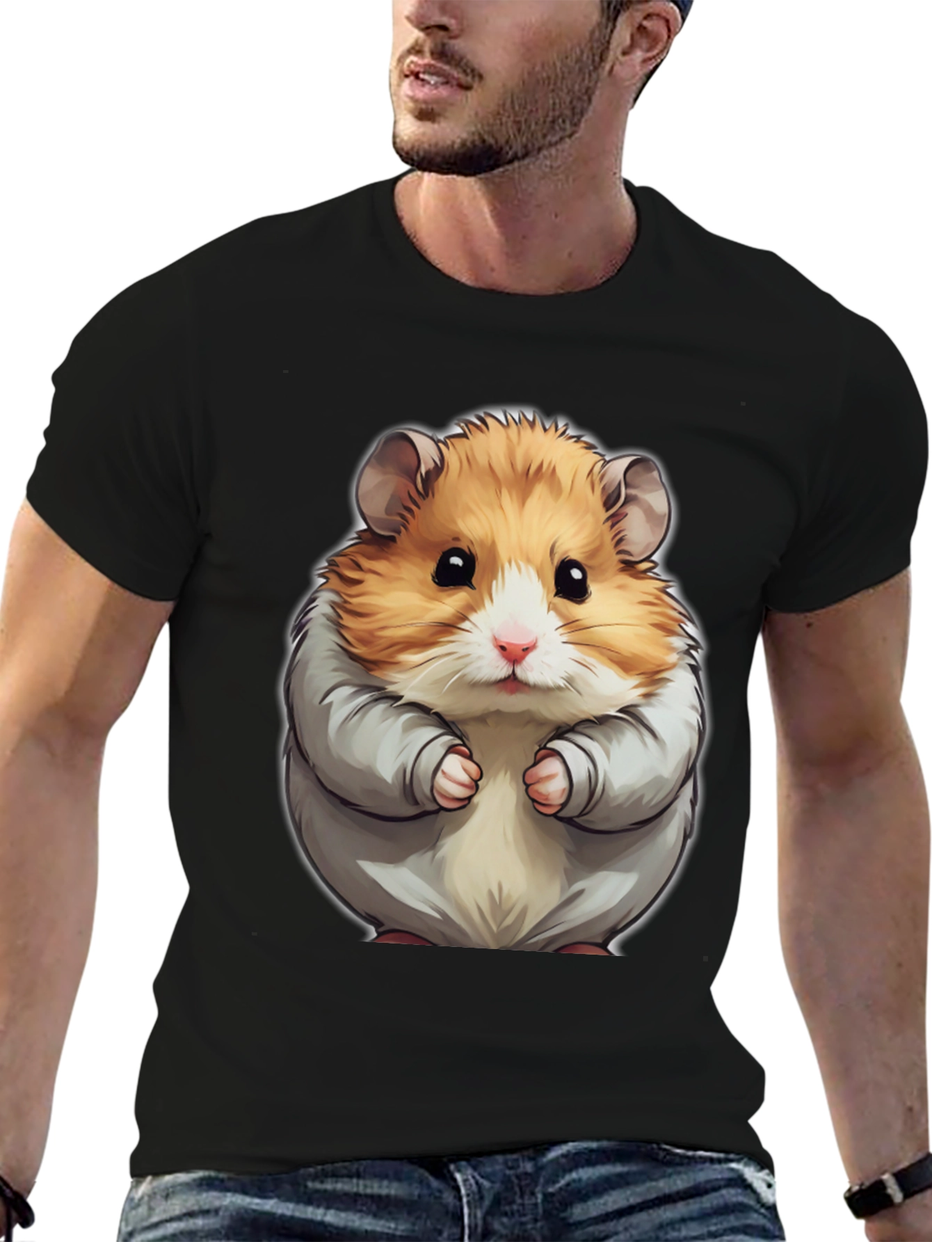 Black Cute Hamster Graphic Tee - Black Cotton T-Shirt view 6