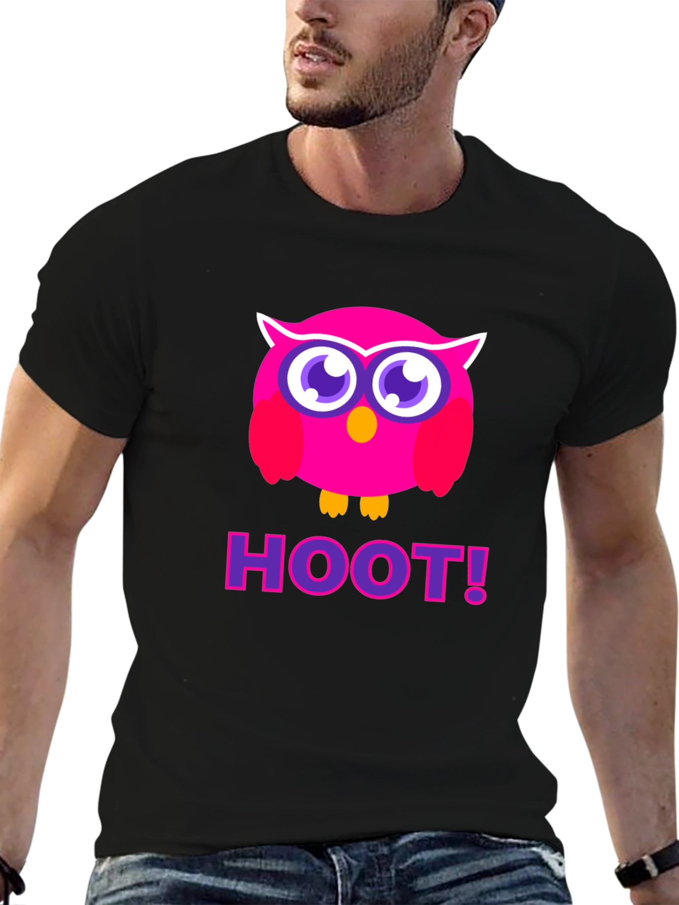 Black Pink Owl Hoot T-Shirt - Black Cotton Tee view 6