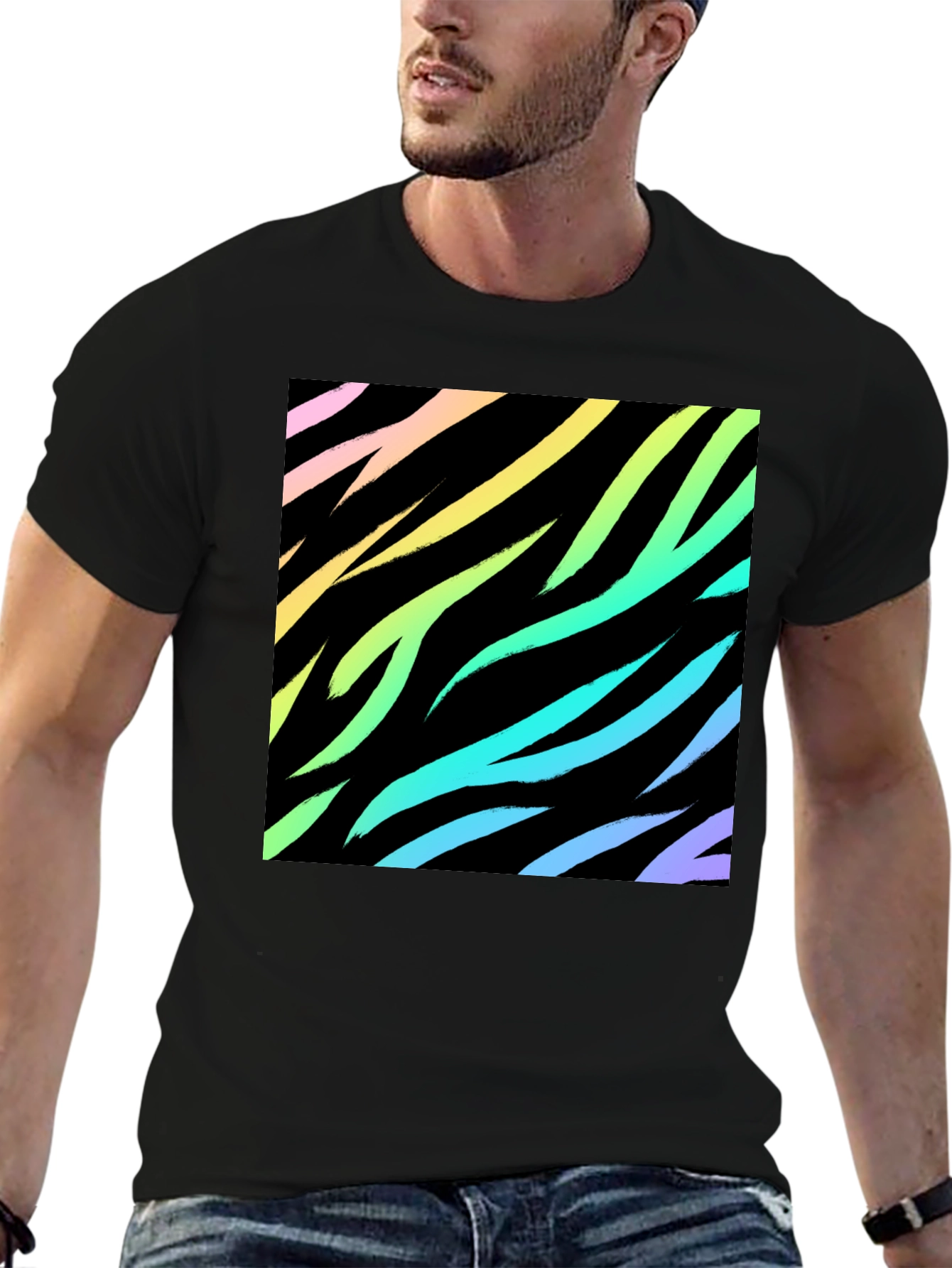 Black Rainbow Zebra Print Black T-Shirt view 6