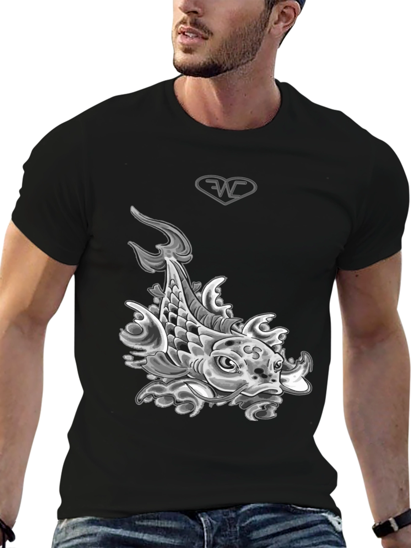 Black Koi Fish Graphic T-Shirt - Black Cotton Blend Tee view 6