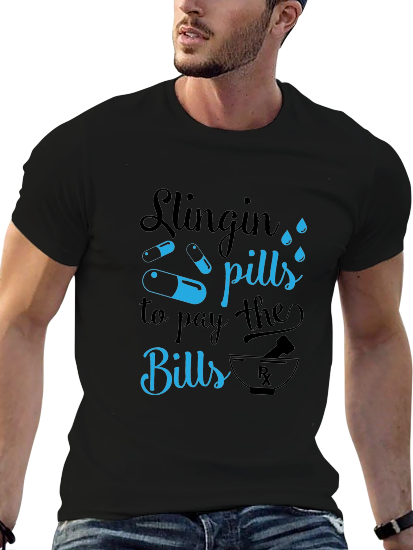 Black Slingin' Pills Graphic T-Shirt - Funny Pharmacy Tee view 6