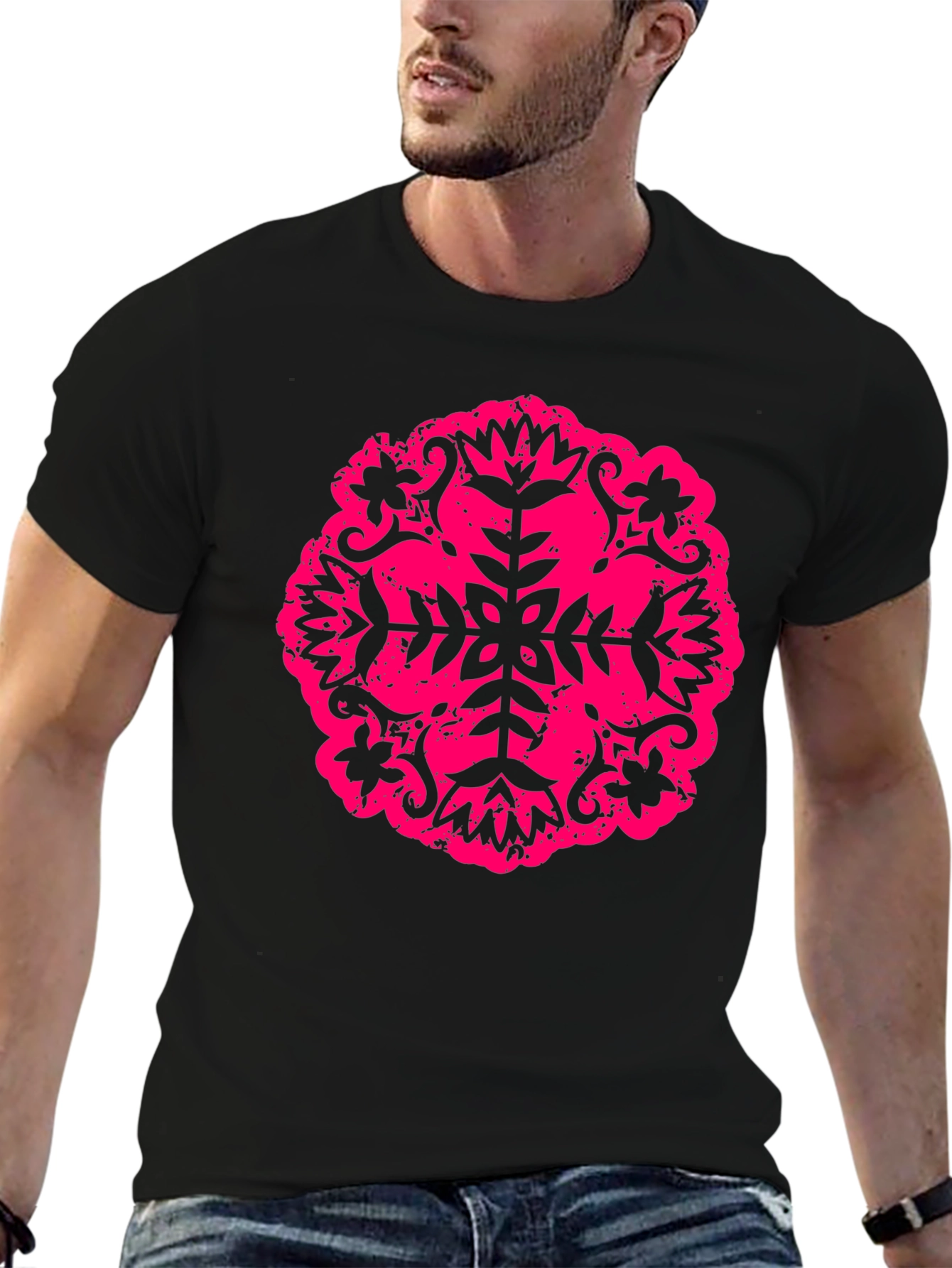 Black Black Tee with Pink Floral Mandala Design view 6