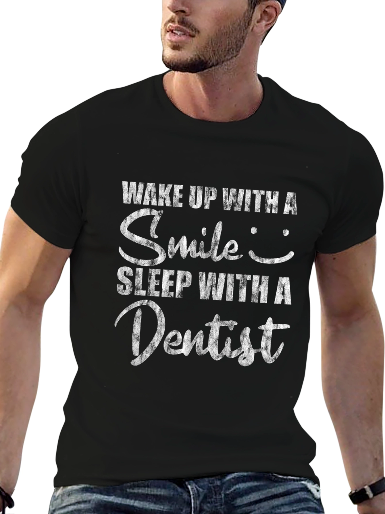 Black Wake Up Smile, Sleep With Dentist Black T-Shirt view 6