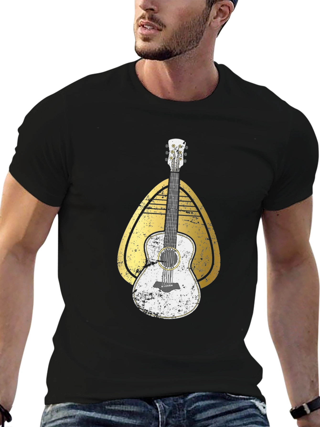 Black Guitar Graphic Tee - Retro Style Music Shirt view 6